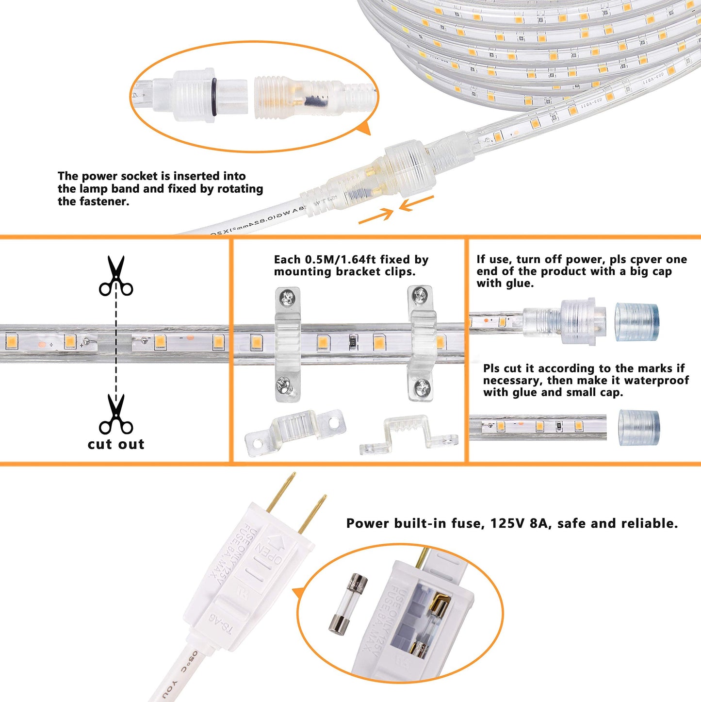 SURNIE LED Rope Lights Outdoor Waterproof Warm White, 50ft Outside Bright Lighting Cuttable Connectable Flexible 110V Cool Clear Flat 3000K, Indoor Deck Patio Christmas Camping Decor, Not Tube Rope