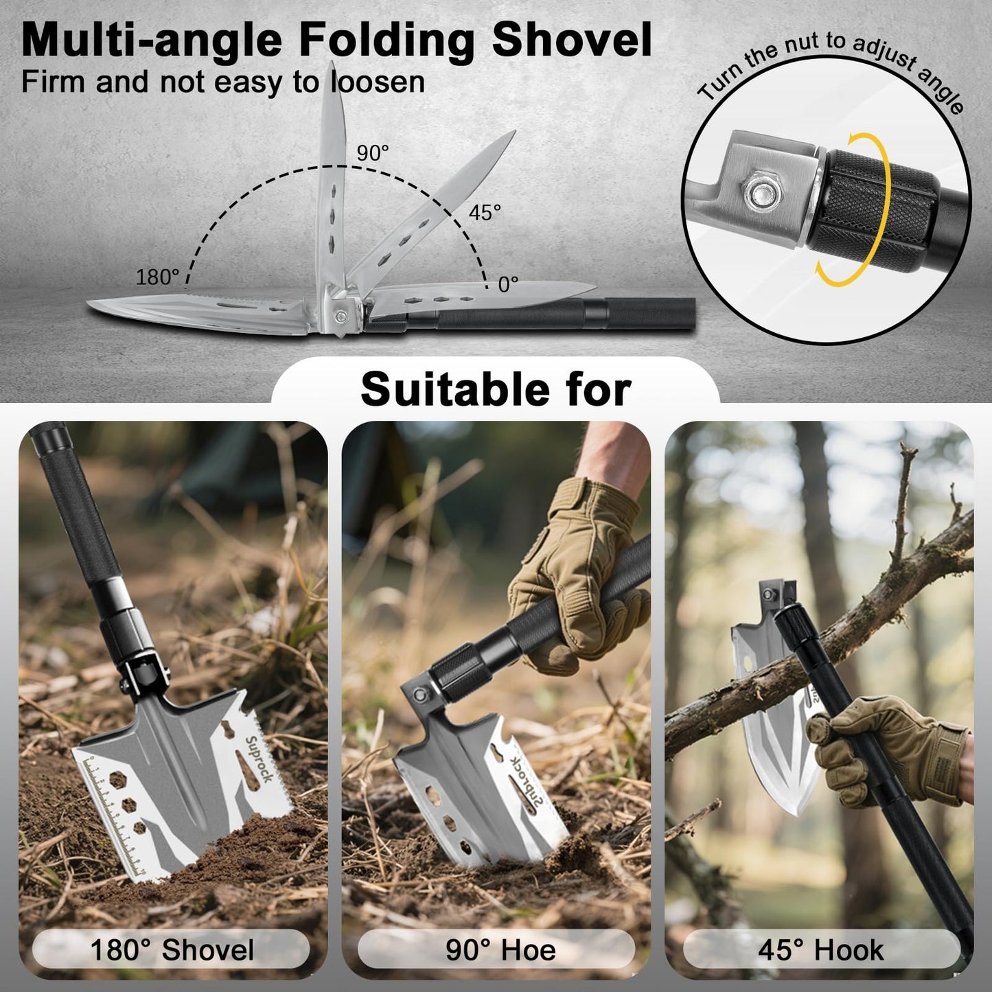 SUPROCK Survival Shovel and Camping Shovel, 30-in-1 Tactical Shovel Axe with High Carbon Steel, Folding Entrenching Tool with Pouch for Emergency, Hiking, Outdoor Gear