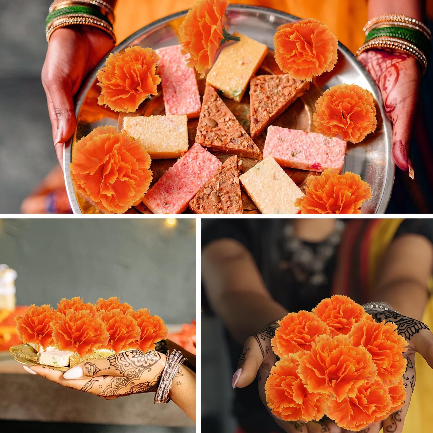 100PCS Marigold Flower Heads with Stems – Artificial Cempasuchil Flowers for Día de Los Muertos Altar, Day of The Dead Decorations, Halloween, Mexican Party, DIY Garland & Wreath Décor（Orange）