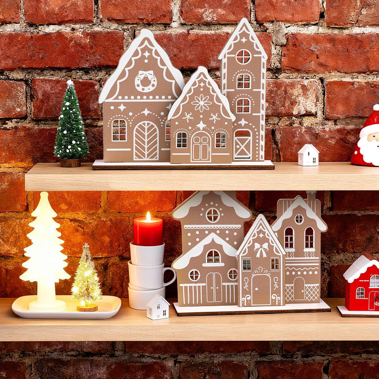 APUDWN Christmas Gingerbread House Table Decoration Wooden Gingerbread House Set with 6 Mini Houses and 2 Bases for DIY Farmhouse Holiday Display, Rustic Xmas Tabletop Centerpiece for Desk or Shelf