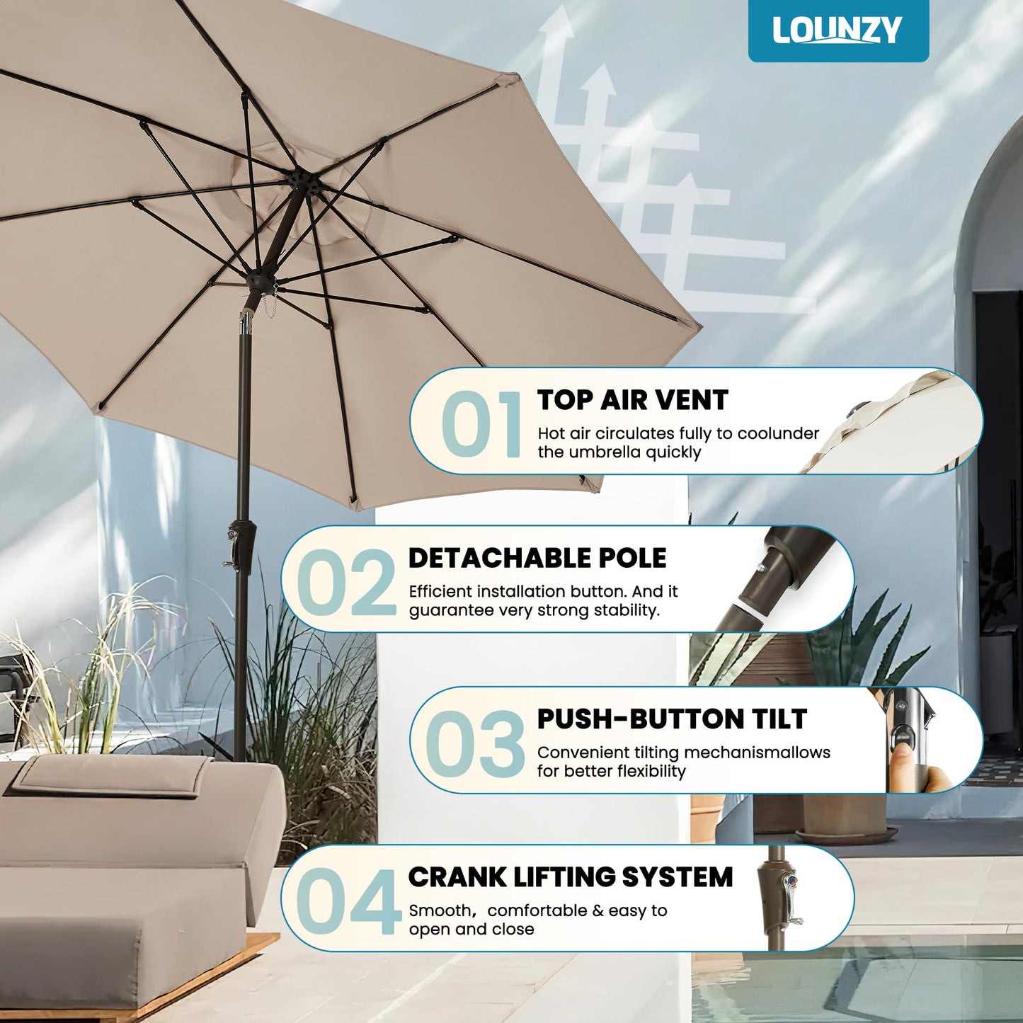 LOUNZY 9FT Large Outdoor Patio Umbrella Table Umbrella-UV Resistant,Easy Push Button Tilt and Crank,8 Sturdy Fiberglass Ribs Pool Umbrella for Patio,Backyard,Deck,Yard,Market,Beige