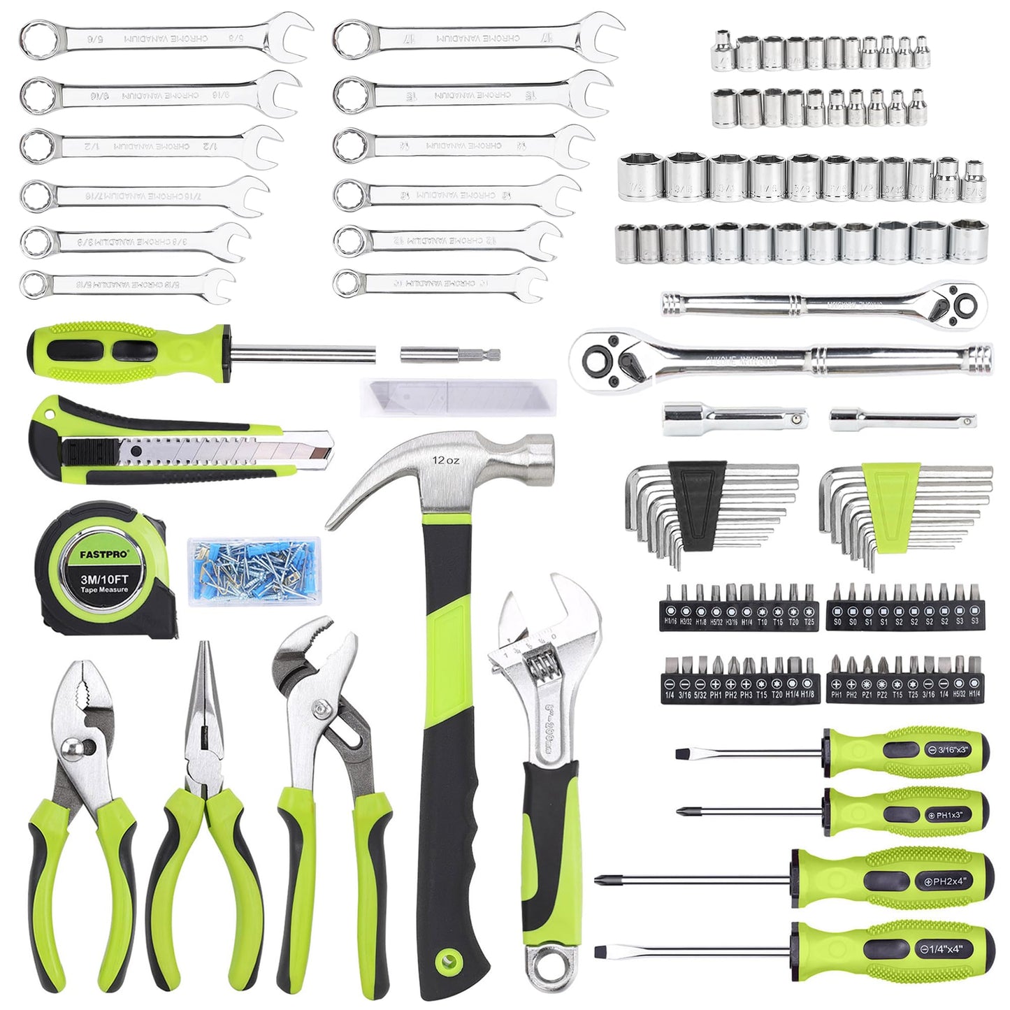 FASTPRO 225-Piece Household Tool Set, SAE & Metric Mechanics Hand Tool Set with Toolbox, Home/Auto Repairing Tool Kit for DIY, Home Maintenance and Car Repairing, Green