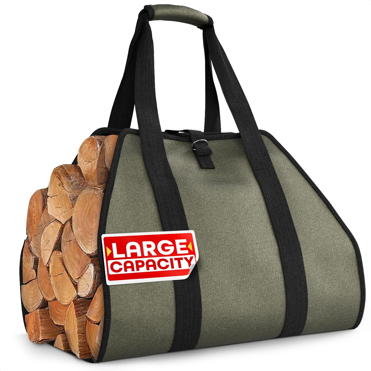 Water-Resistant Firewood Carrier Bag – 39.4"x18.5" Waxed Canvas Log Carrier for Firewood, Open-Ended Design, Large Capacity Wood Tote with Padded Handles, Buckle Strap & Folds Flat for Easy Storage