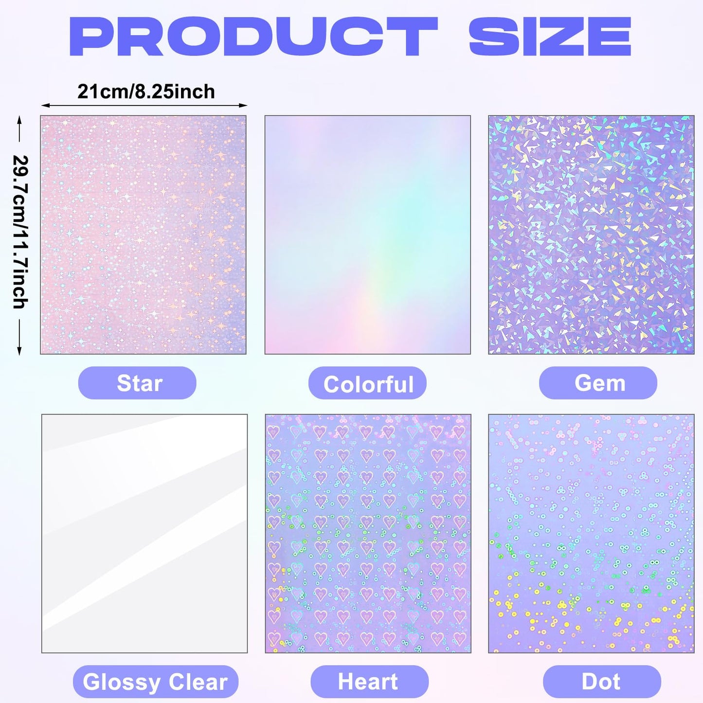 Clabby 36 Sheets Holographic Sticker Paper A4 Vinyl Holographic Laminate Sheets Self Adhesive Waterproof Transparent Film, 11.7 x 8.3 inches(Gem, Dot, Colorful, Star, Heart, Glossy Clear)