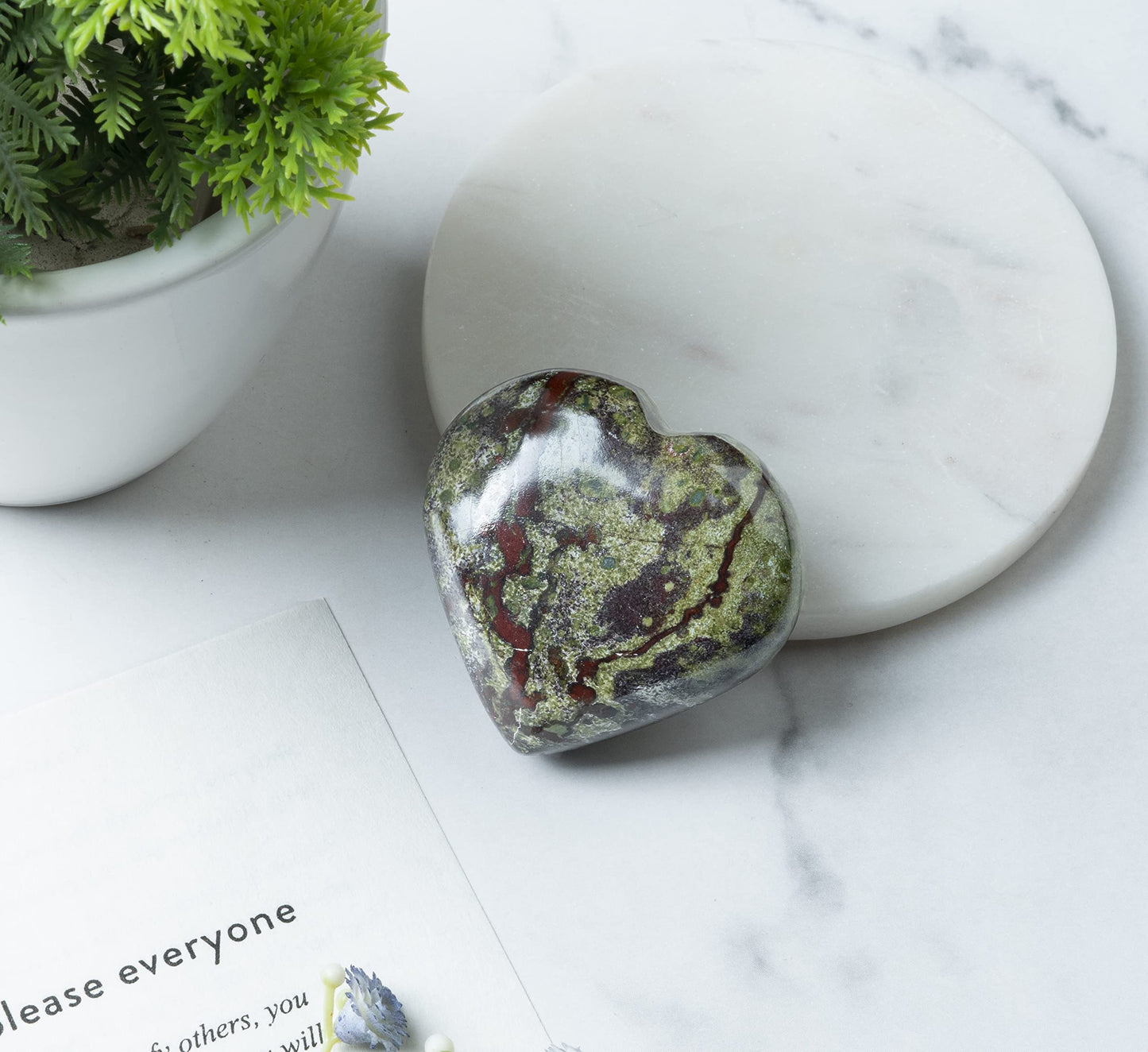 Crocon® 50mm Dragon Bloodstone Heart stone Big Heart Shape Puff Stones Set 450+ Carats Pocket Crystal Healing Tumble Collection Palm Worry Stone Good Luck Charm Meditation Gift Craft Home Decor