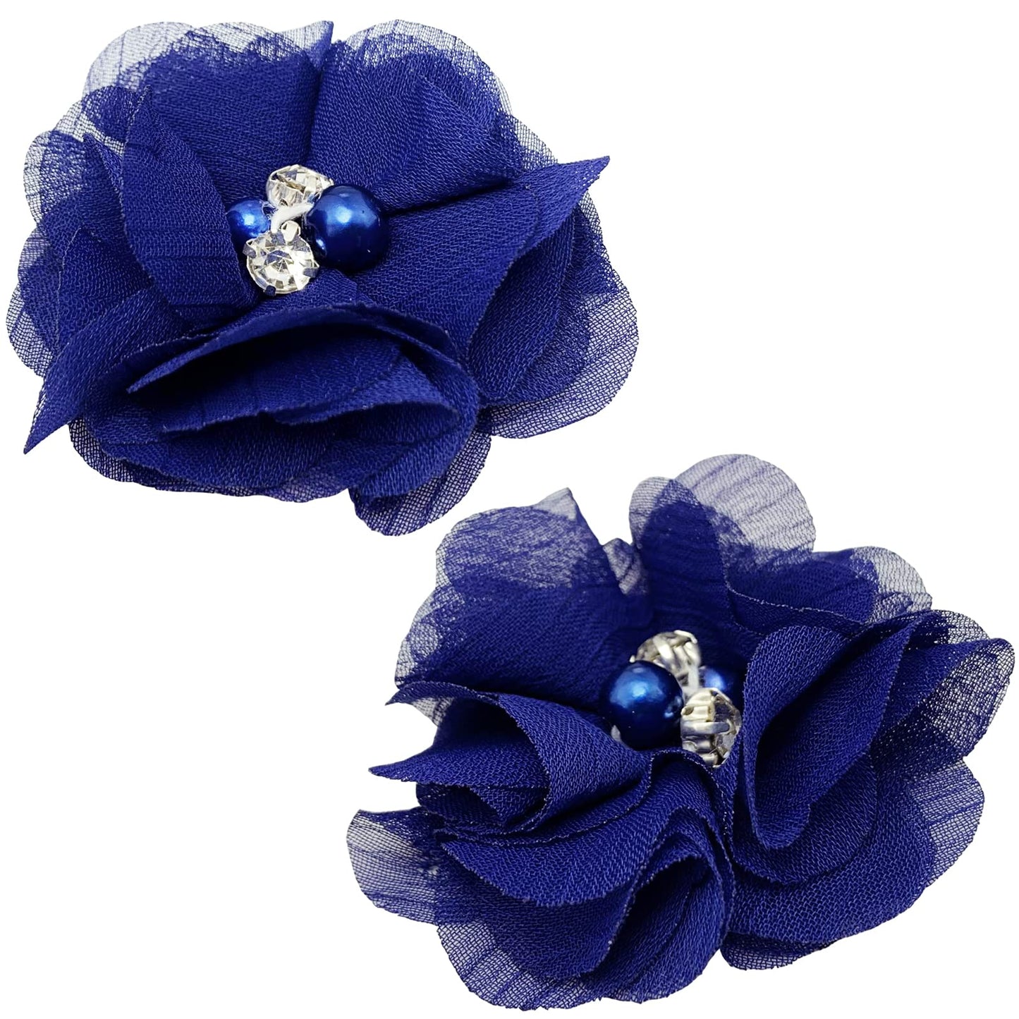 30pcs Rhinestone Chiffon Flower 2" Sewing Fabric Appliques for Clothing Craft Party Wedding Decor Tassel Topper Decoration Gift Wrapping Headbands Hair Accessories DIY (Dark Blue)