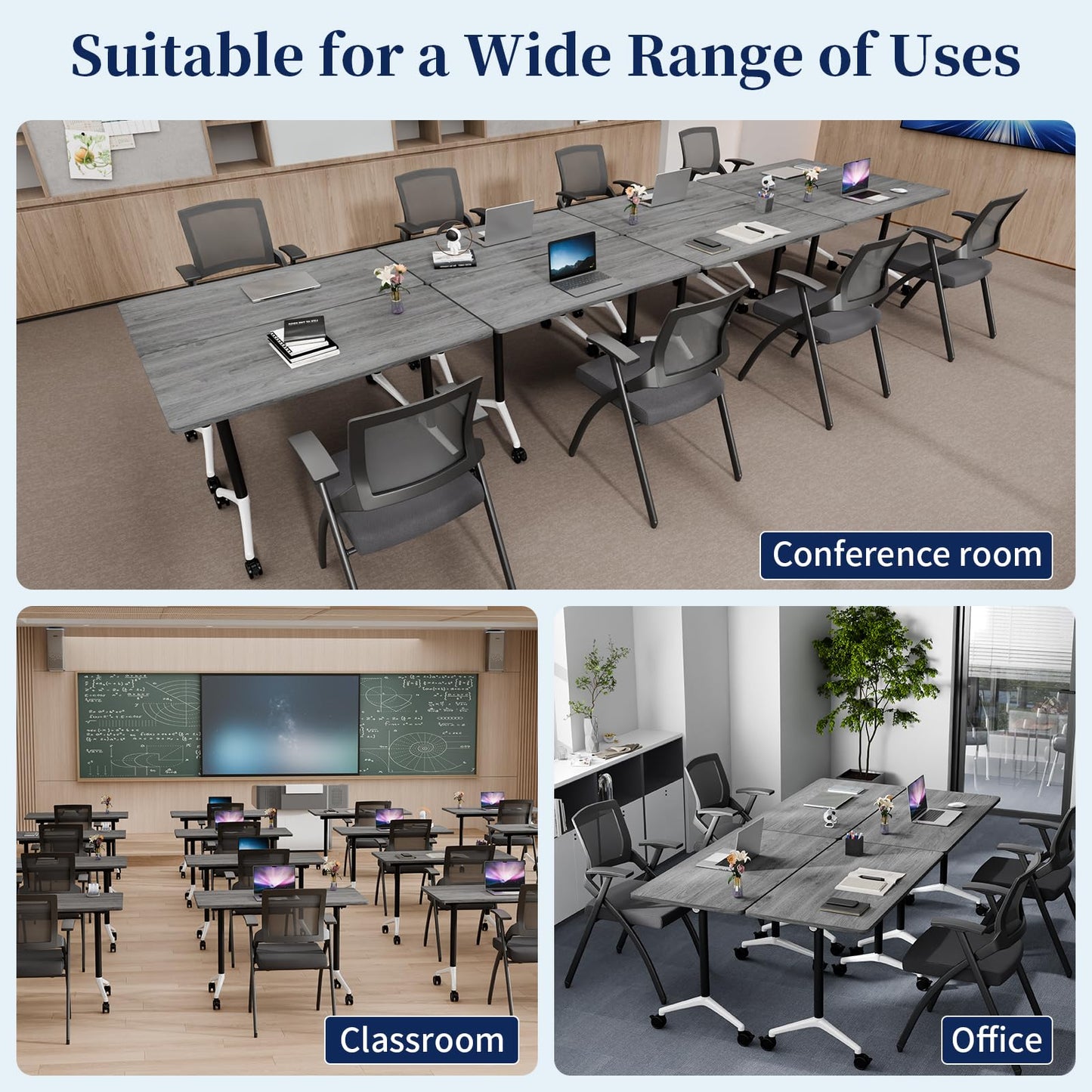 Modular Folding Conference Table with Wheels,2 Pack Mobile Conference Room Tables,Filp Top Rolling Meeting Training Tables for Office,Classroom,Library,Seminar,Boardroom,school(2pack,Grey,47in)
