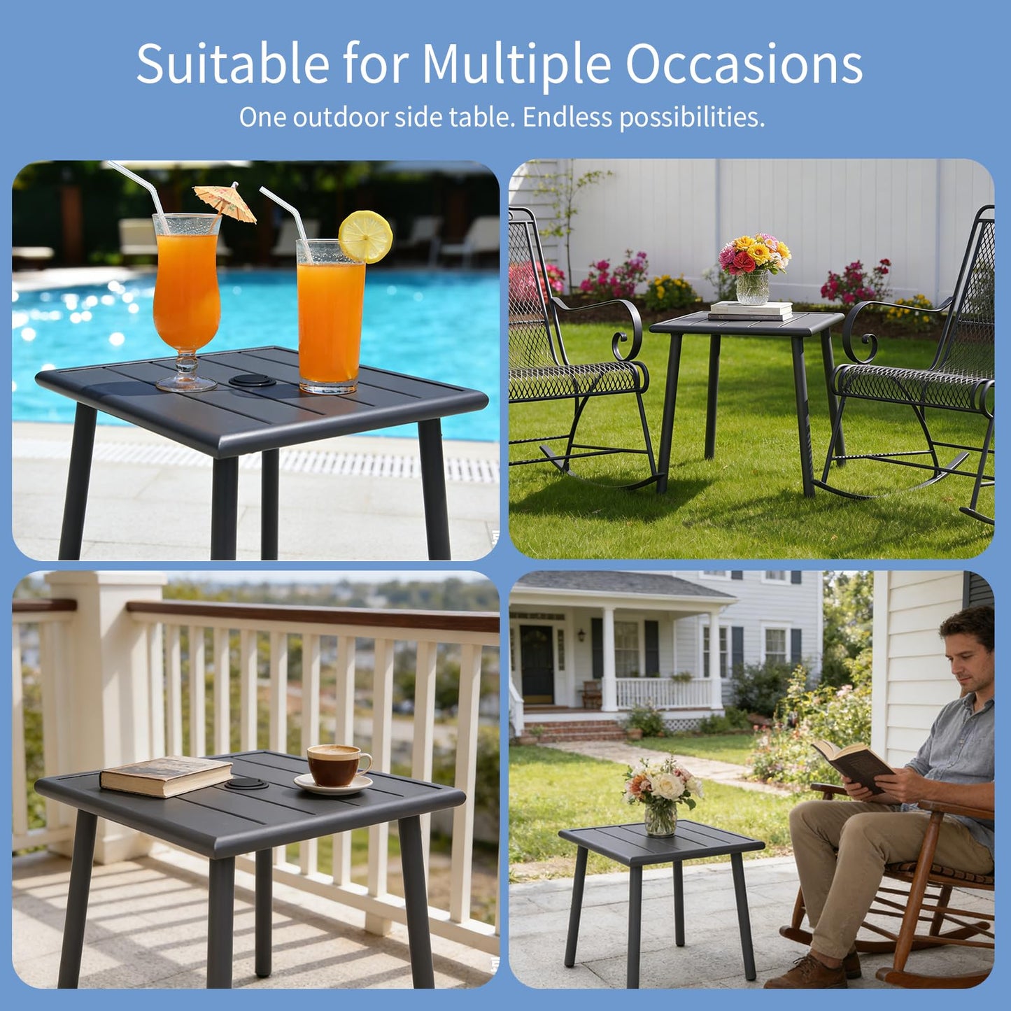 UFavo Home Small Metal Outdoor Side Table with Umbrella Hole, Sqaure Patio Coffee Bistro Table End Table, Umbrella Table with Hole for Poolside Backyard Porch Deck Balcony,19.7x19.7 inches, Gray