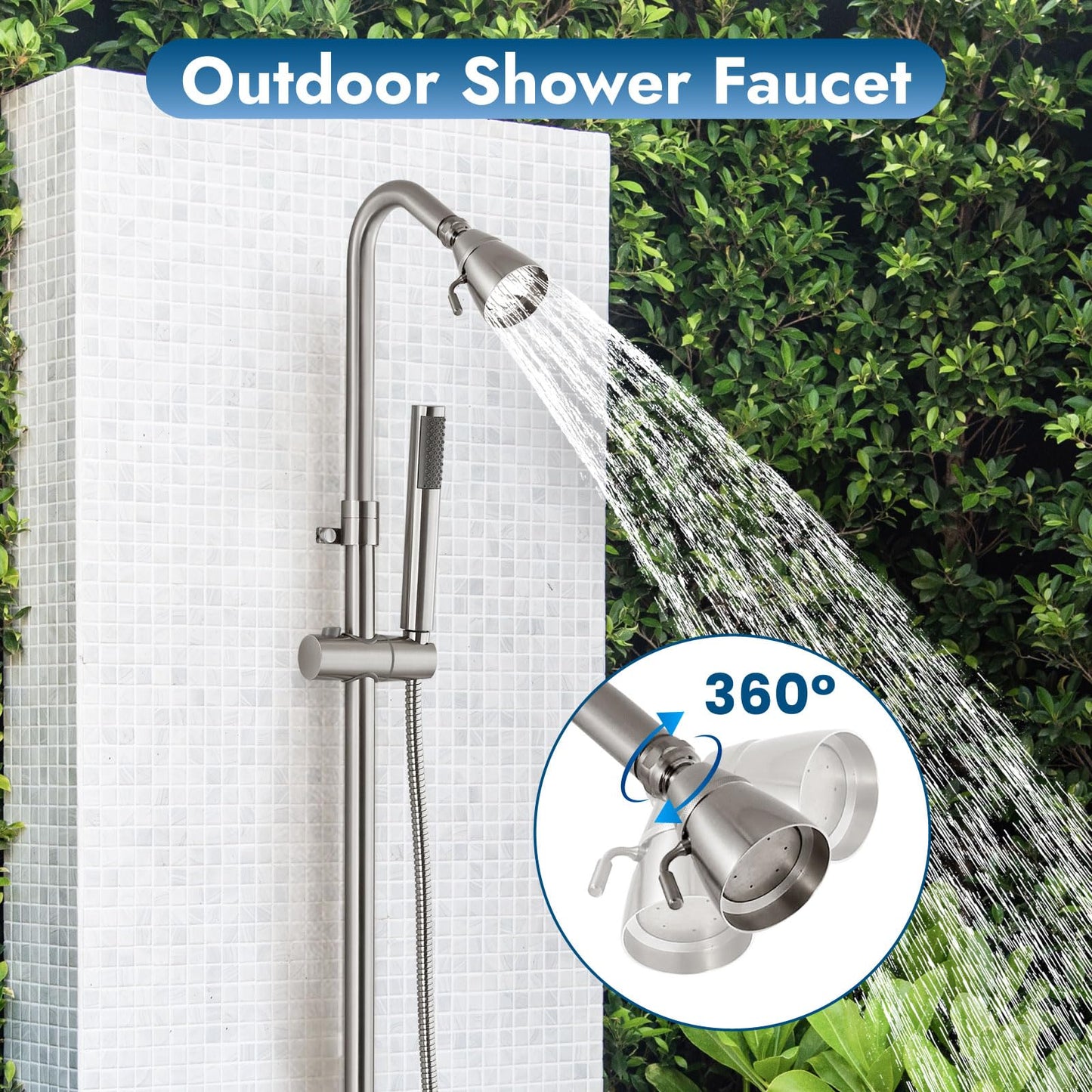 Cinwiny Brushed Nickel Wall Mounted Exposed Shower Fixtures with Hand Held Shower Head Outdoor Shower Kit 2 Cross Handles with Adjustable Slide Bar Dual Function Shower Faucet