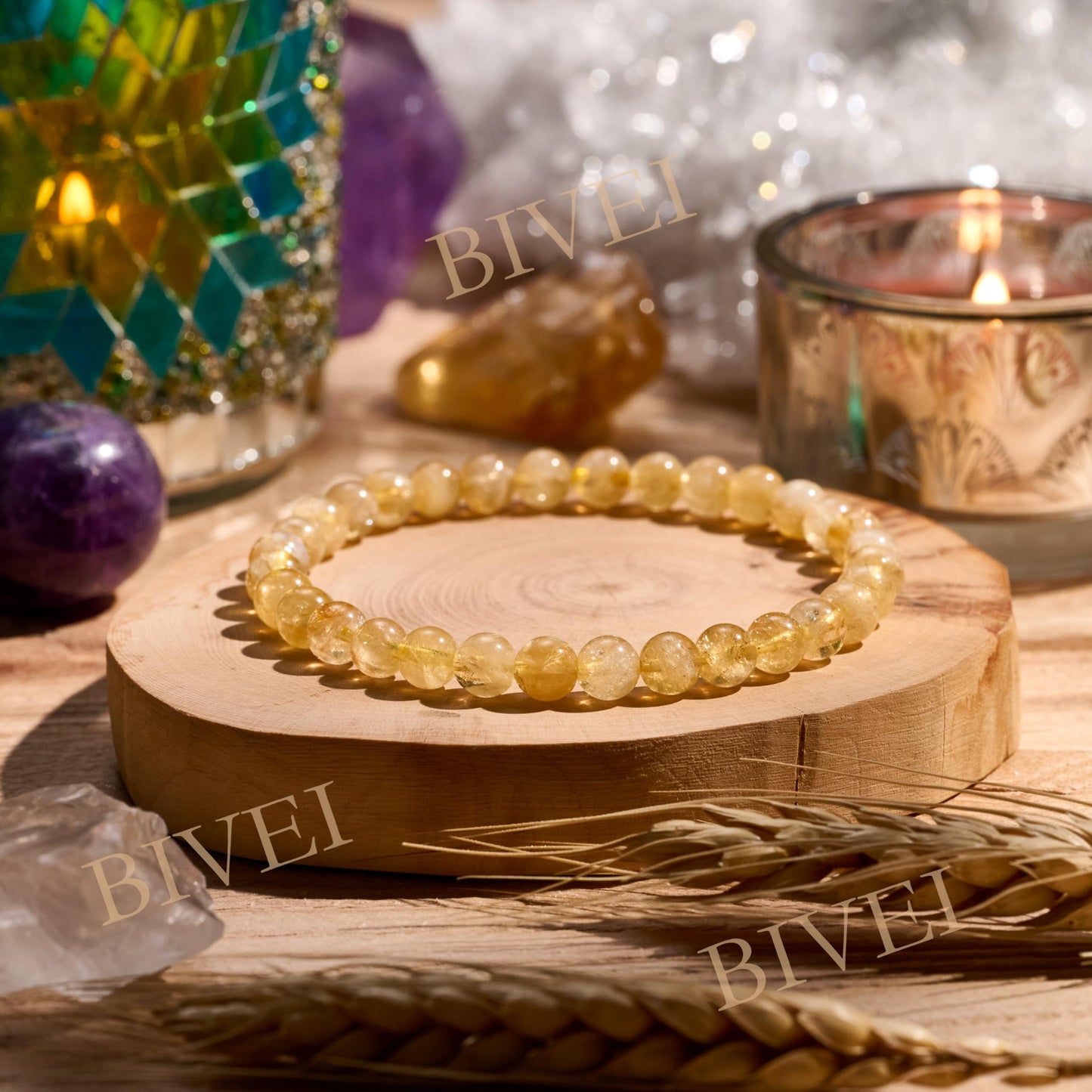 Bivei Citrine - Wealth & Success - 6mm Beaded Bracelets for Women Handmade Semi Precious Natural Stone Stretch Elastic Jewelry for Women Yoga Protection Gifts Small