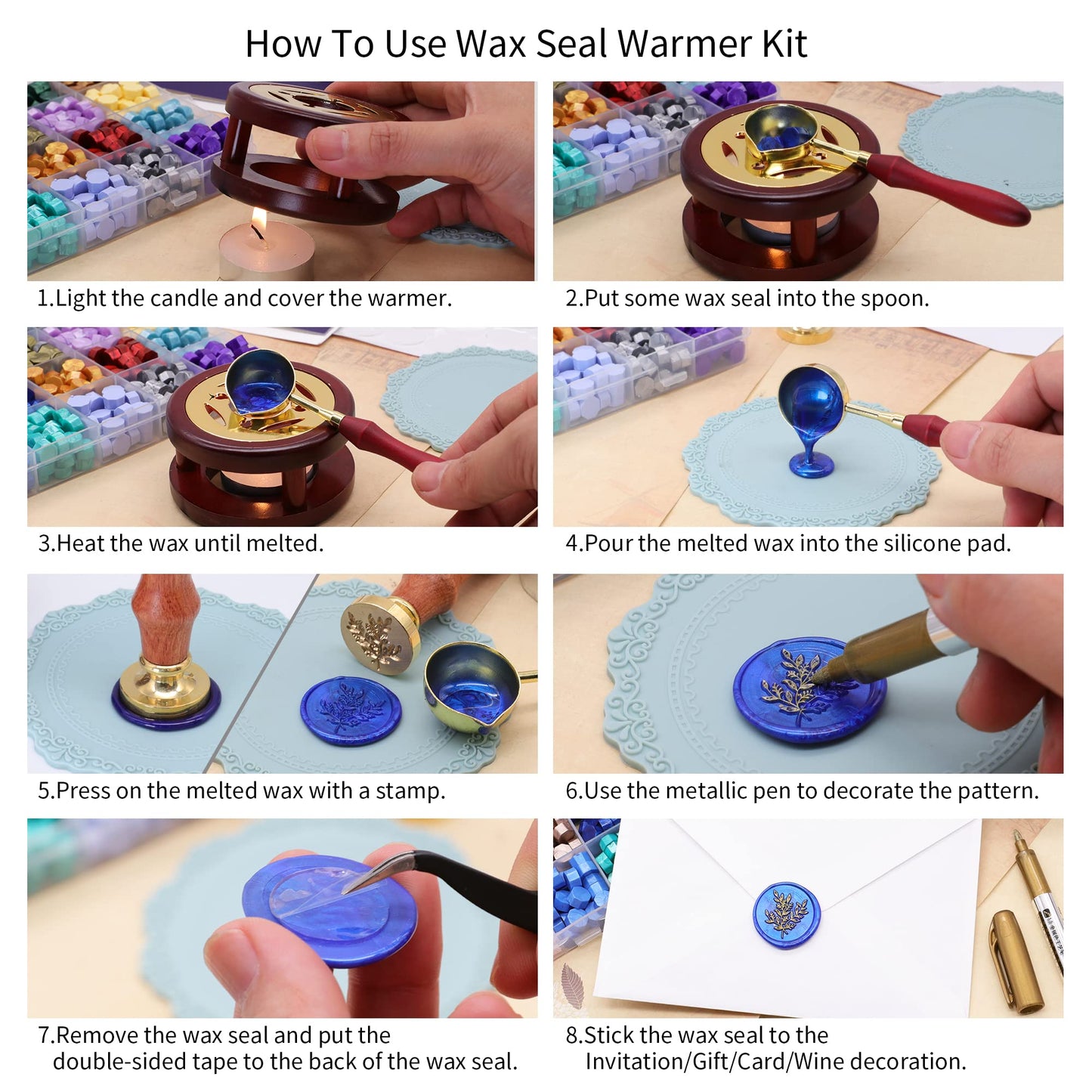 SWANGSA Wax Seal Kit with Gift Box, 24 Color 700pcs Sealing Wax Beads with Eucalyptus Stamp, Furnace, Pen, Thank You Cards and Silicone Mat for Wedding Invations, Christmas