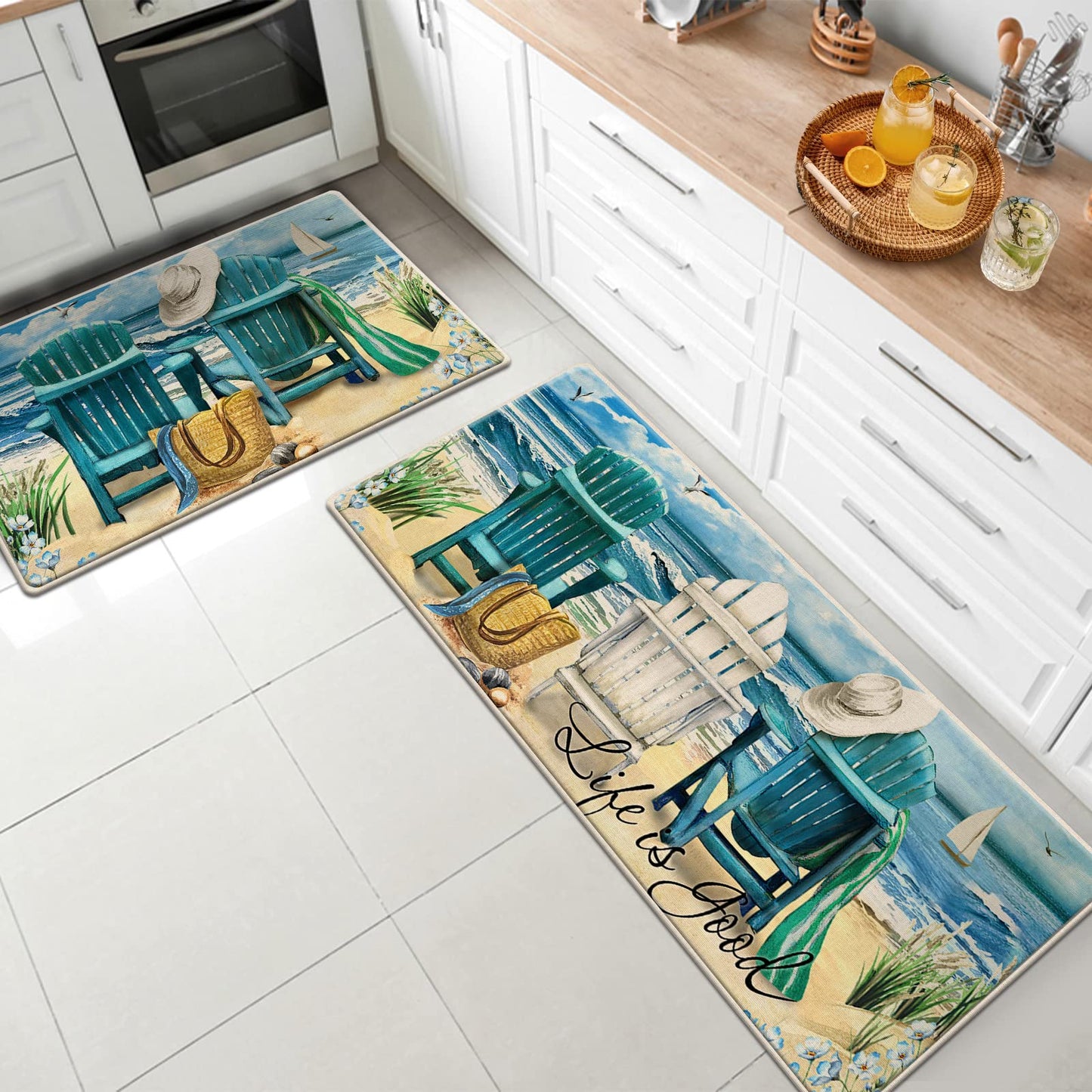 Tailus Summer Blue Sea Chairs Beach Decorative Kitchen Rugs Set of 2, Ocean Seagull Sailboat Kitchen Mat Coastal Non-Slip Floor Mat, Nautical Home Kitchen Decorations 17x29 and 17x47 Inch