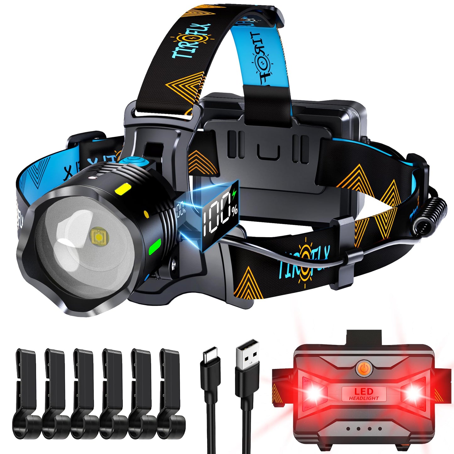 TIROFLX 12 Modes 210000 Lux Headlamp Motion Sensor Red Warning Zoomable Energy Saving, More Than 30Dys Standby Head Lamp, IP65 Waterproof and 125° Angle for Camping Outdoor Hardhat