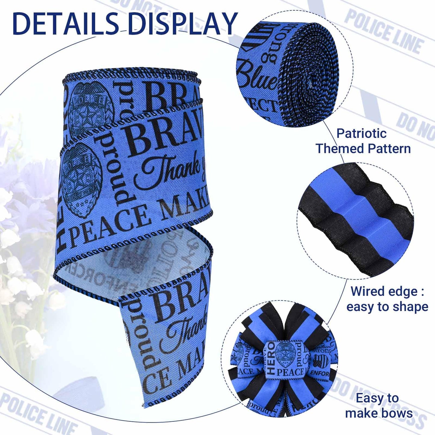 2 Rolls 20 Yards Police Support Wired Edge Ribbon, 2.5"Blue Black Stripe Police Badge Burlap Ribbon Memorial Day Patriotic Ribbons for Wreath Bow Making Police Support Decorations Supplies DIY Crafts