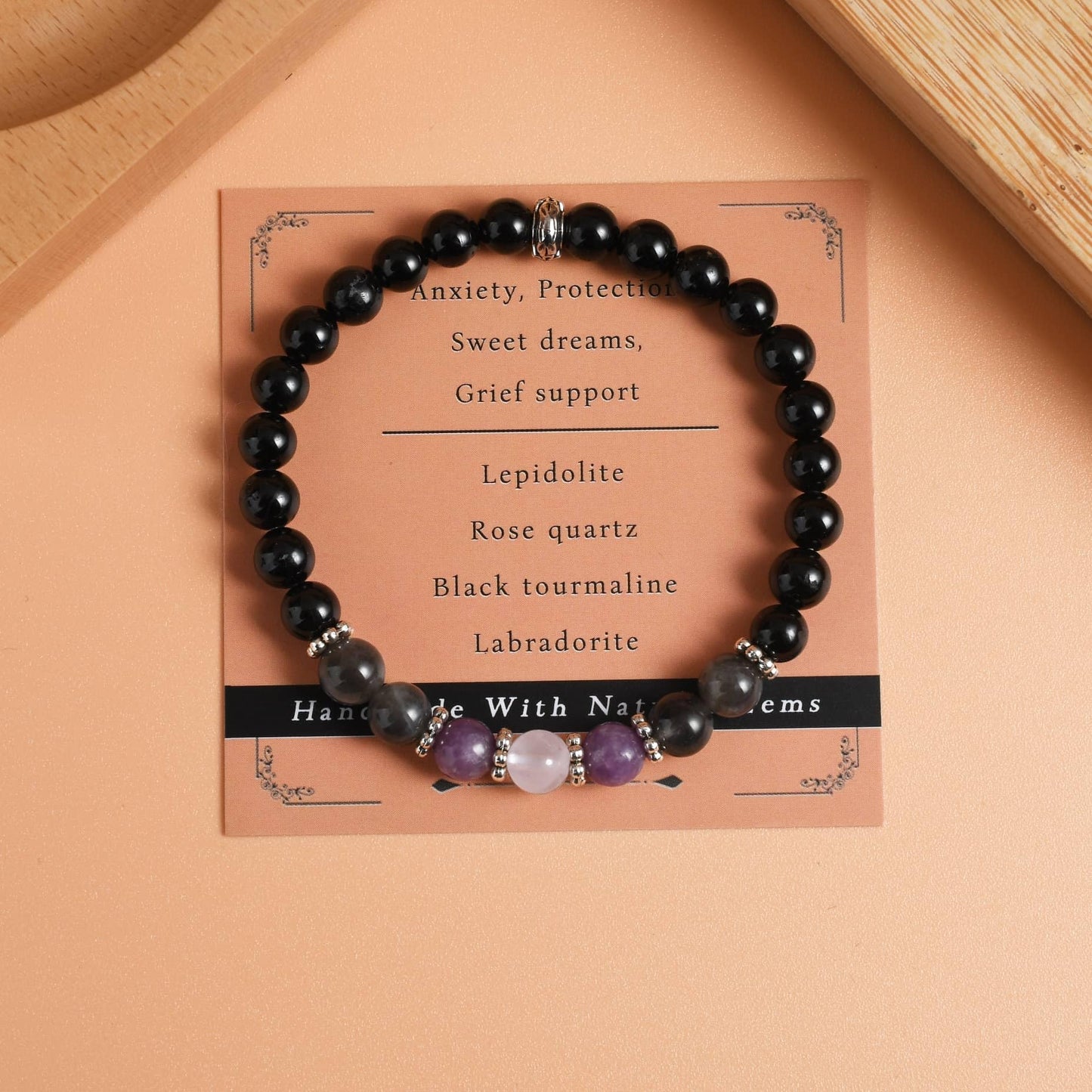 Gracayfr Anxiety Relief Bracelet Protection Black Tourmaline Labradorite Lepidolite Rose Quartz Healing Crystal Grief Support Gifts Items Jewelry Women Lepi Ros Labra