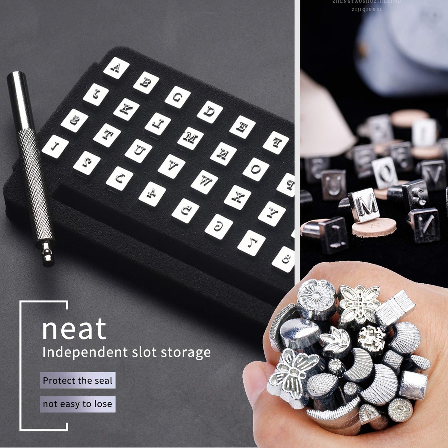 KLLsmDesign 65 Pcs Leather Sculpture Stamping Tools Kit Included Pattern Alphabet Digital Leather Stamp Punch Set,Dotting Tools,Leather Swivel Knife,Leather Roller for Saddle Making,DIY Leather Craft