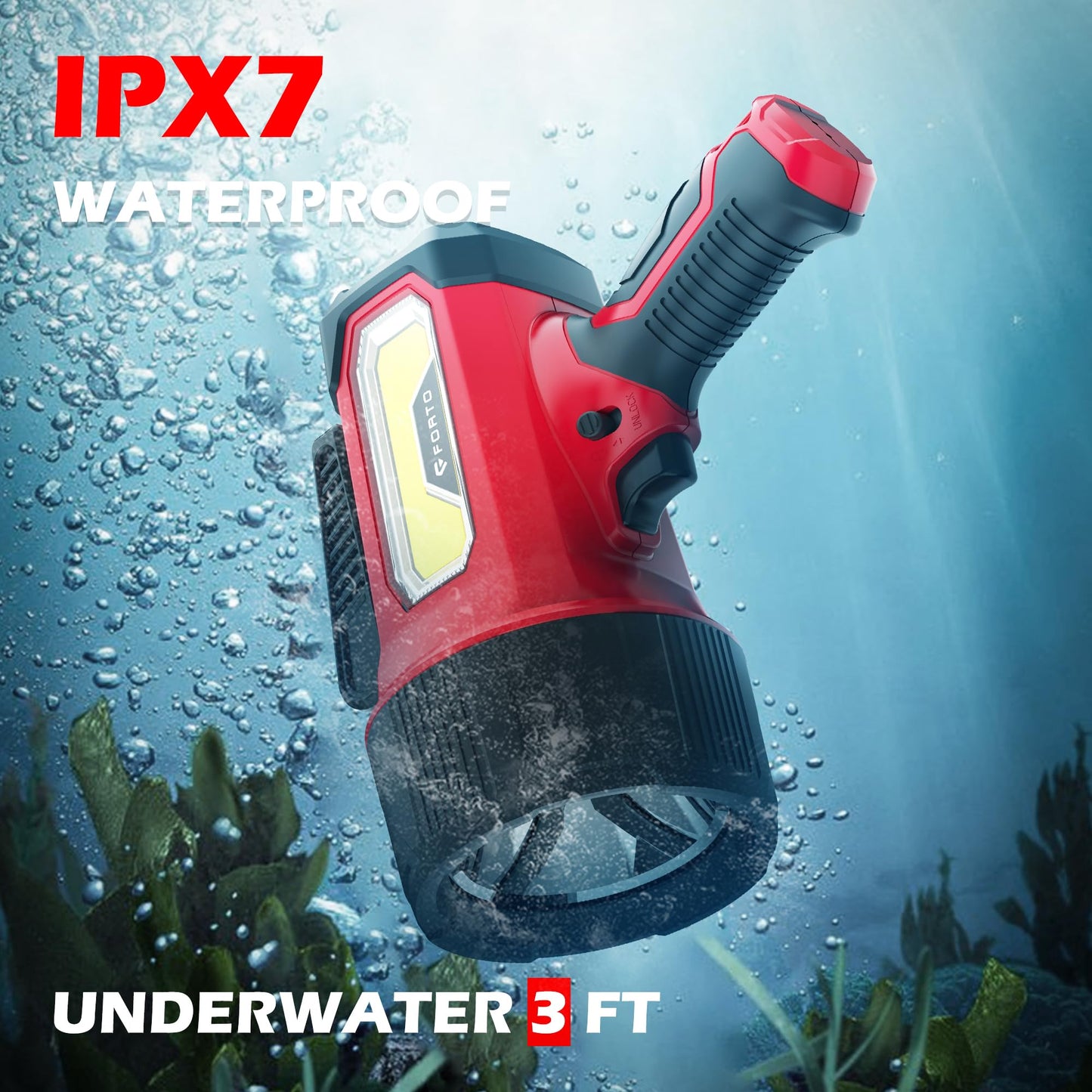 FORTO Rechargeable Spotlight 2000,000 Lumens, IPX7 Waterproof Bright LED Spotlight Flashlight with COB Light& Foldable Stand,6 Light Modes for Boating Camping Hiking Hunting，Red