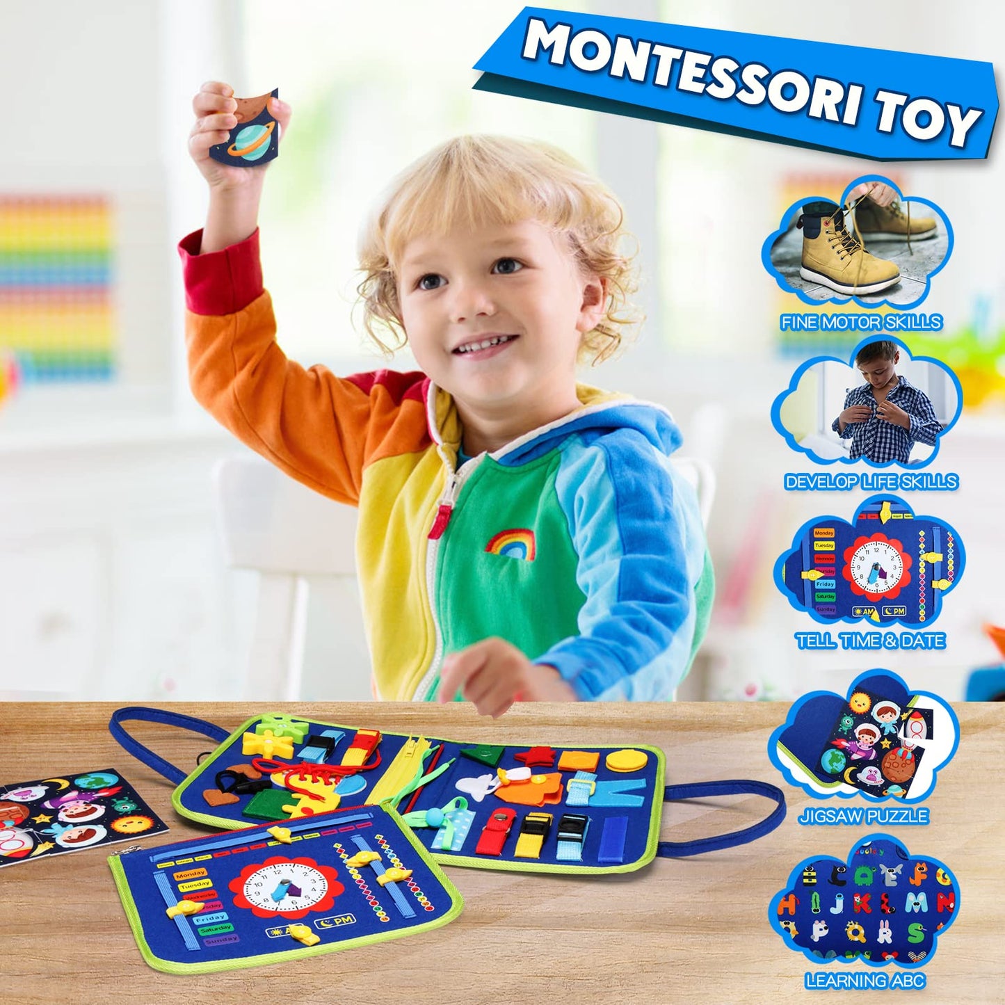 Guolely Busy Board Montessori Toy for 3-6 Year Old Toddlers - Educational Activity Developing Sensory Board for Fine Basic Dress Motor Skills - Travel Toys for Plane Car, Gift for Boys Girls