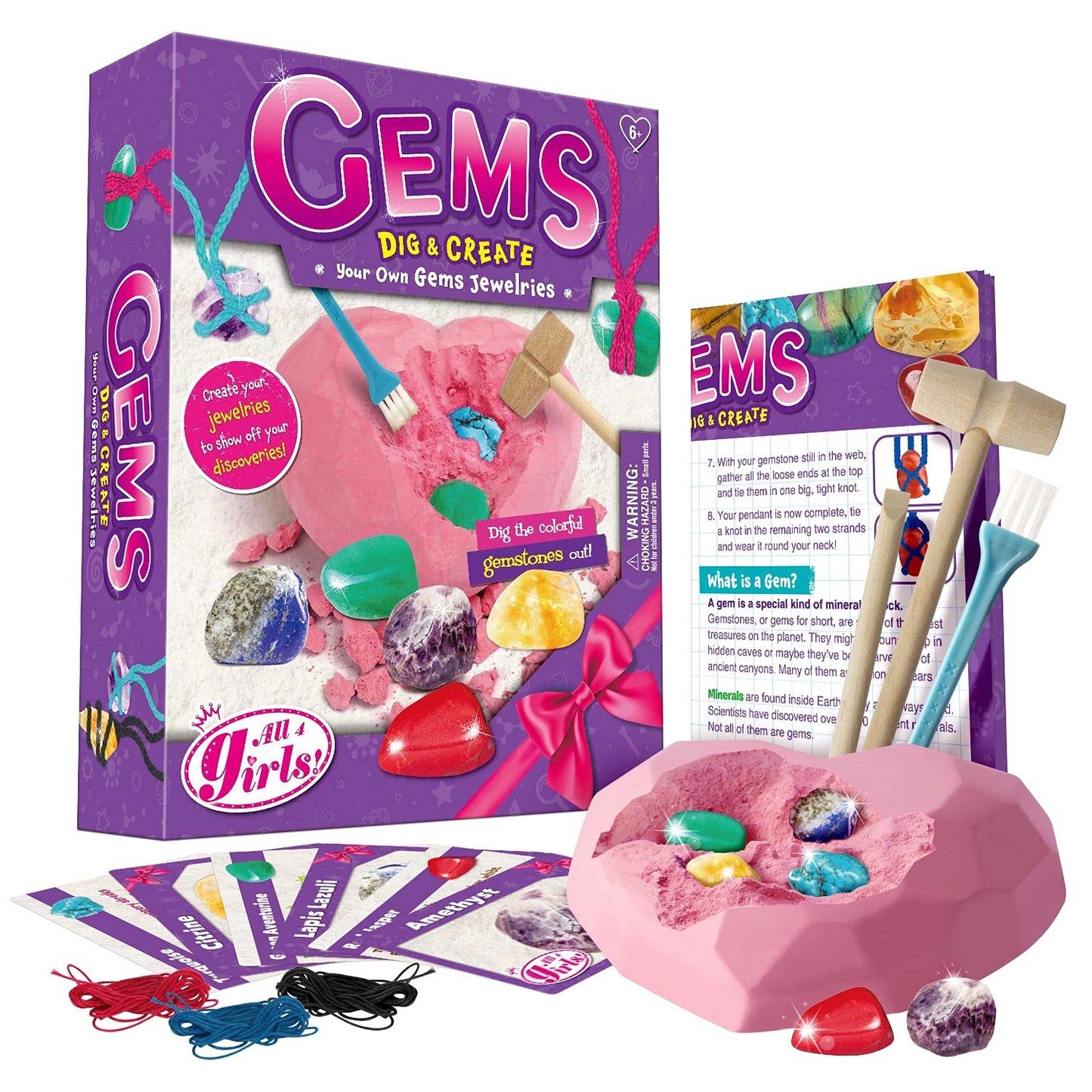 EDUMAN 6PCS Gemstone Dig Kit for Kids – Dig Up Amethyst, Lapis Lazuli, Citrine, Red Jasper, Aventurine & Turquoise – DIY Jewelry Making STEM Science Kit Gift for Girls and Boys Ages 6+