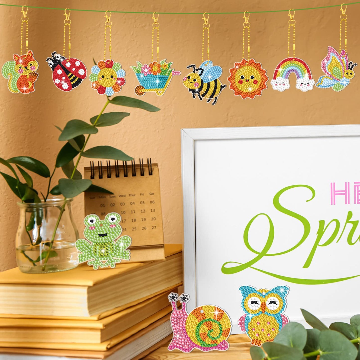 Inbagi 20 Pcs Summer Diamond Painting Keychain Kits 5d DIY Summer Diamond Art Animal Bee Frog Sun Ornaments Hanging Crafts for Family Decor Seasonal Gifts