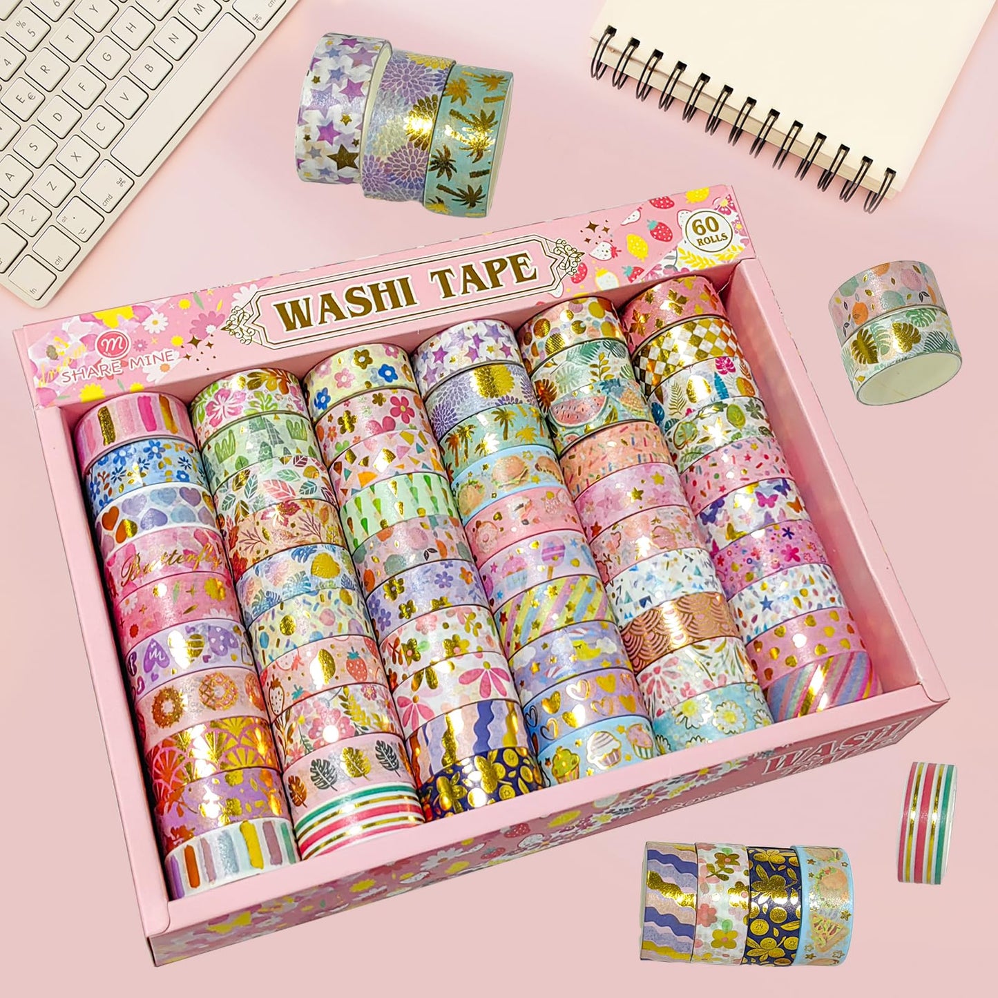 Puninoto 60 Rolls Floral Washi Tape Set,Flower Patterns Decorative Skinny Blooms Masking Tapes with Gold Foil Supplies for Arts,Scrapbook,Planner,DIY Arts and Crafts,Gift Wrapping