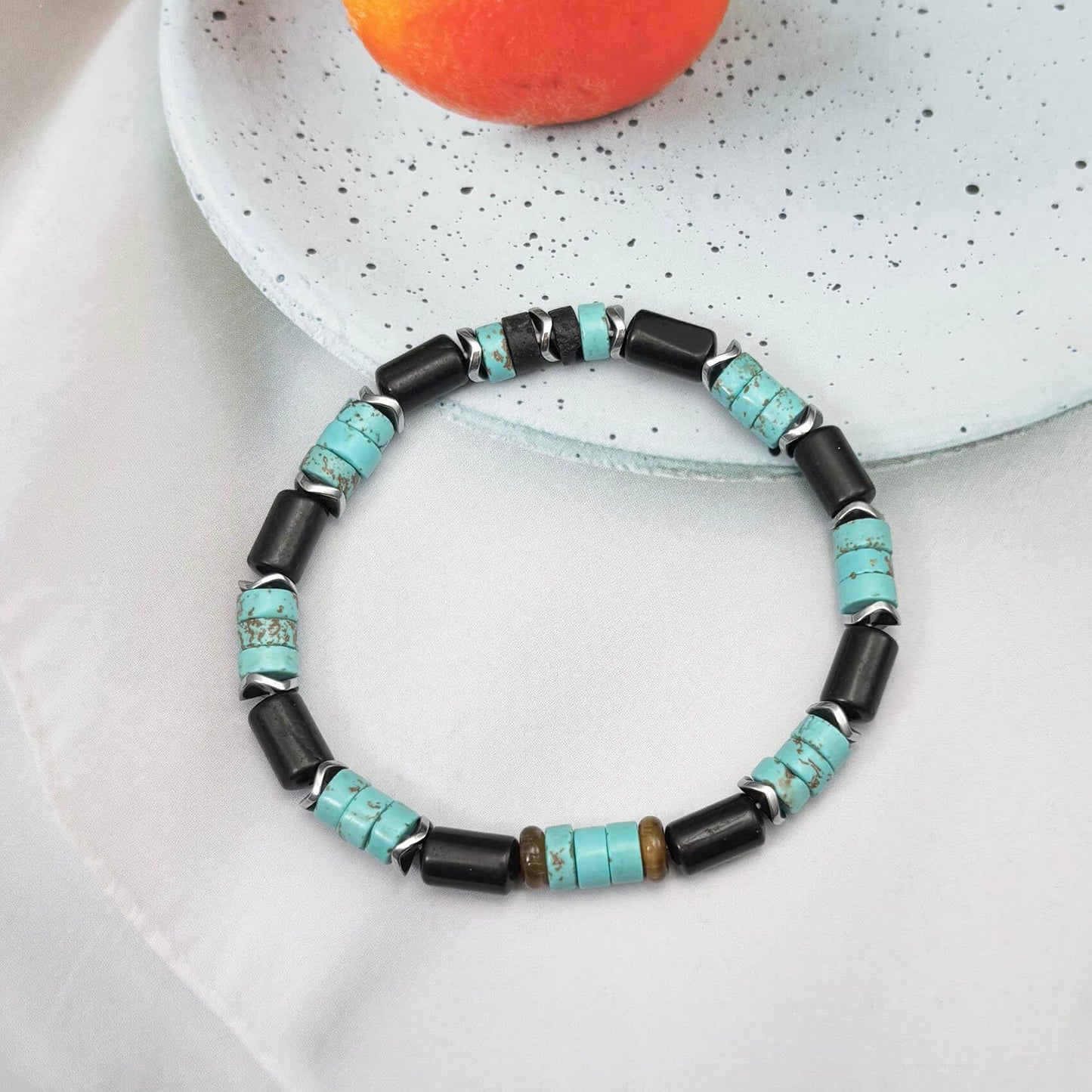Sunongxin Turquoise Bracelet, Handmade Bead Bracelet with Tiger Eye Obsidian Hematite for Stone Jewelry, Healing bracelets for Men Women
