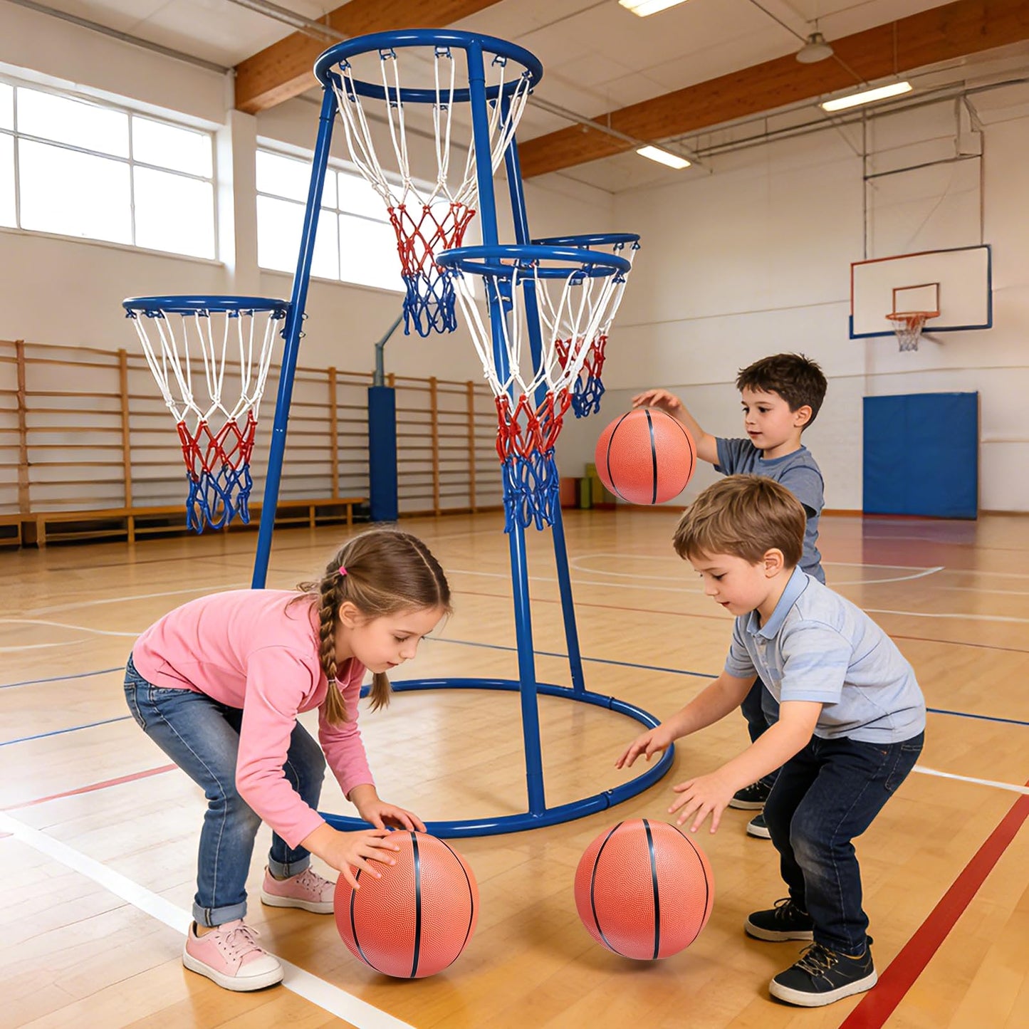 Garvee 4 Hoop Basketball Set for Toddlers, Indoor & Outdoor Play, Preschool Toy for Ages 3+, Includes 4 Basketballs and Air Pump, Fun Basketball Game for Kids