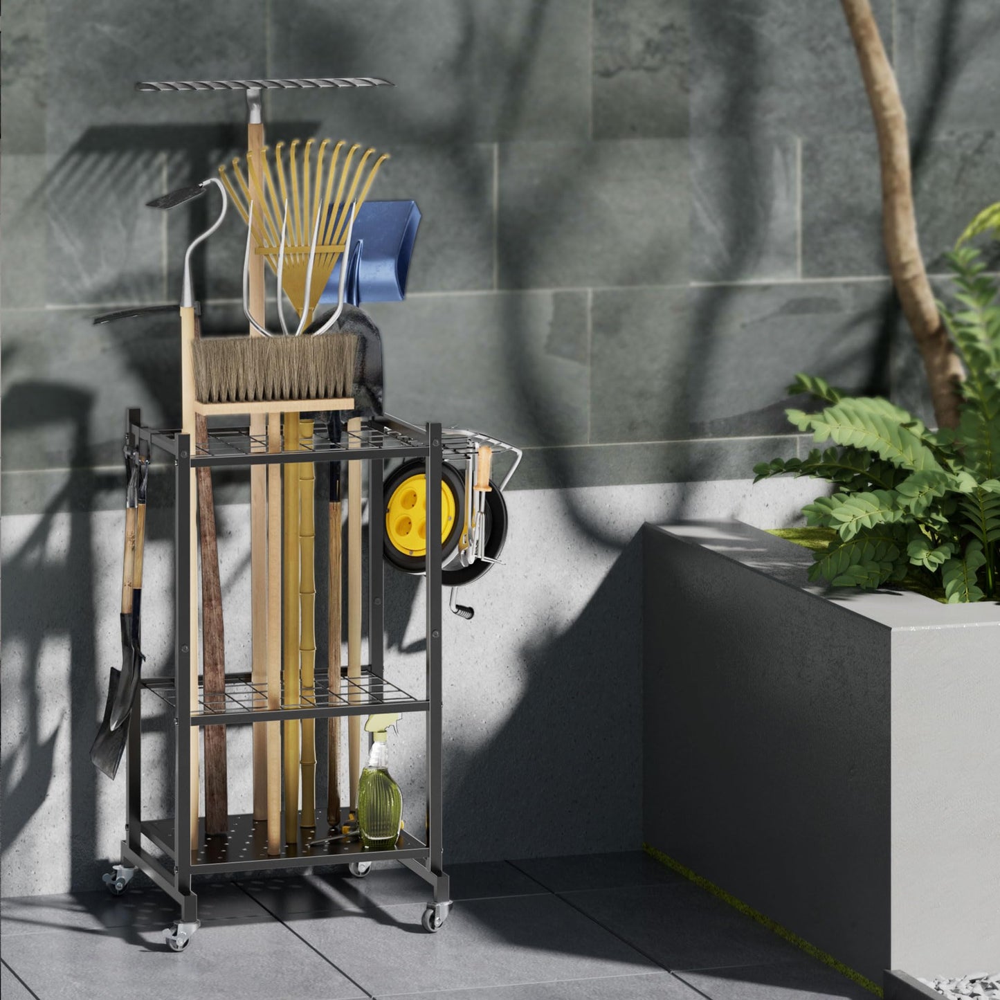 LAKEMID Garden Tool Organizer Stand with Wheels,Yard Tool Organizer for Garage with 2 Hooks, Rack Up to 42 Tools,Broom Holder & Garden Tool Rack for Shed, Patio, Outdoor Use