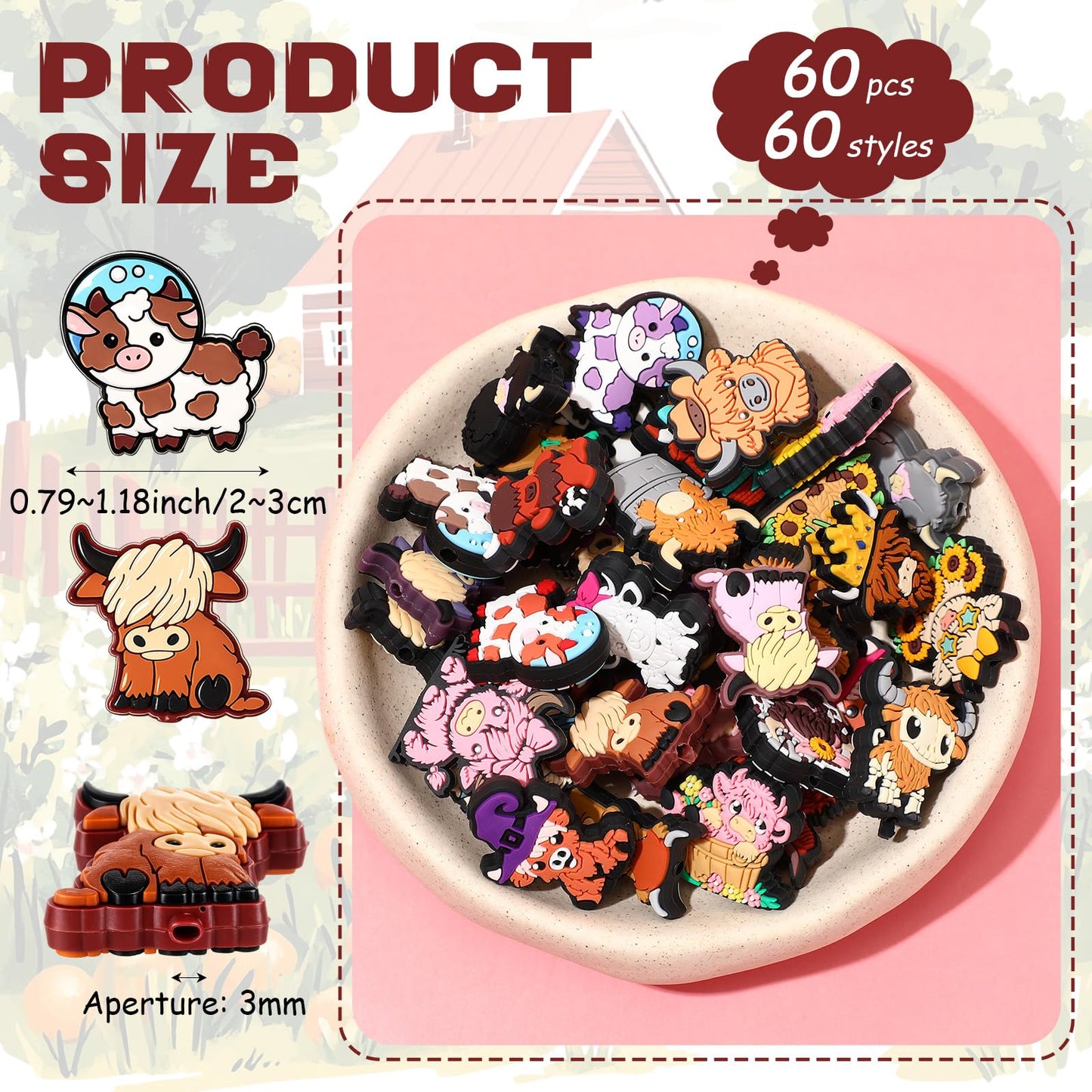 Tondiamo 60 Pcs Silicone Focal Beads for Pens Bulk Highland Cartoon Animal Theme Focal Bead for Beaded Pen Necklace Bracelet Charms Keychain Making Jewelry Making DIY Gifts(Cow)