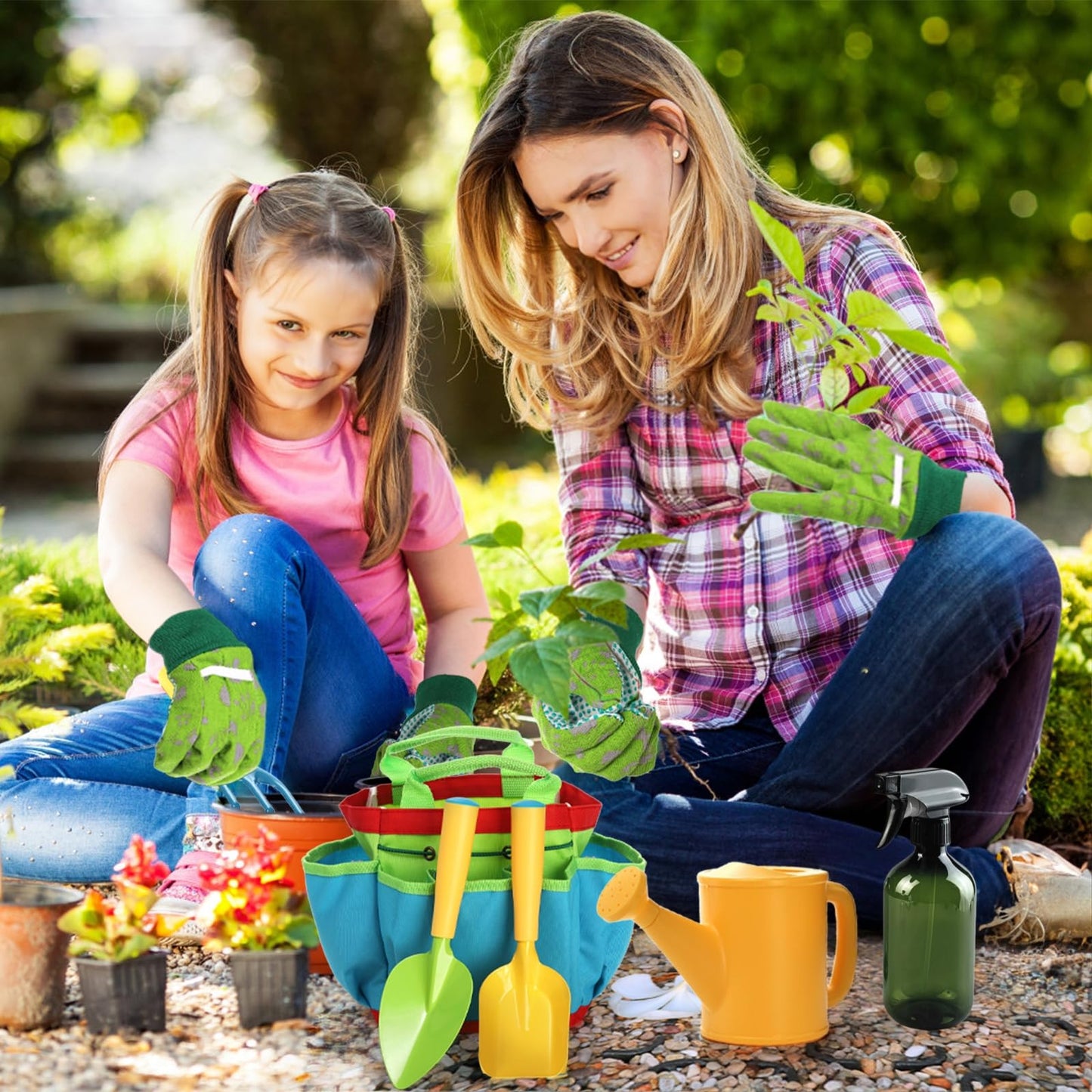 Cididu 8PCS Kids Garden Tools Set, Boys Girls Gardening Kit Tools Including Watering Can, Spray Bottle, Tote Bag, Trowel, Rake, Outdoor Garden Toy Gift for Beach