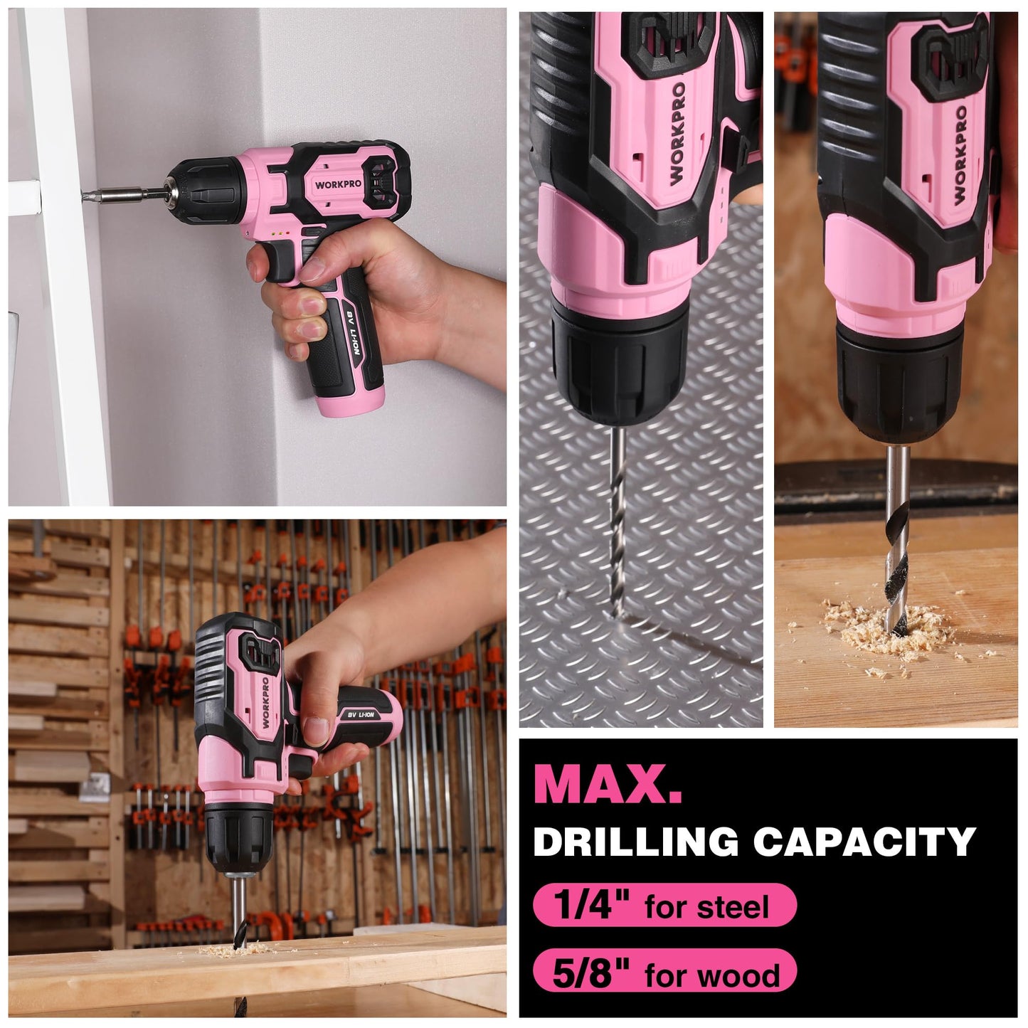 WORKPRO Pink Cordless Drill Set, 8V Impact Drill Driver with 53pcs Bit Set, 2.0Ah Electric Power Drill Kit with 3/8" Keyless Chuck and Variable Speed Trigger, Portable for DIY- Pink Ribbon