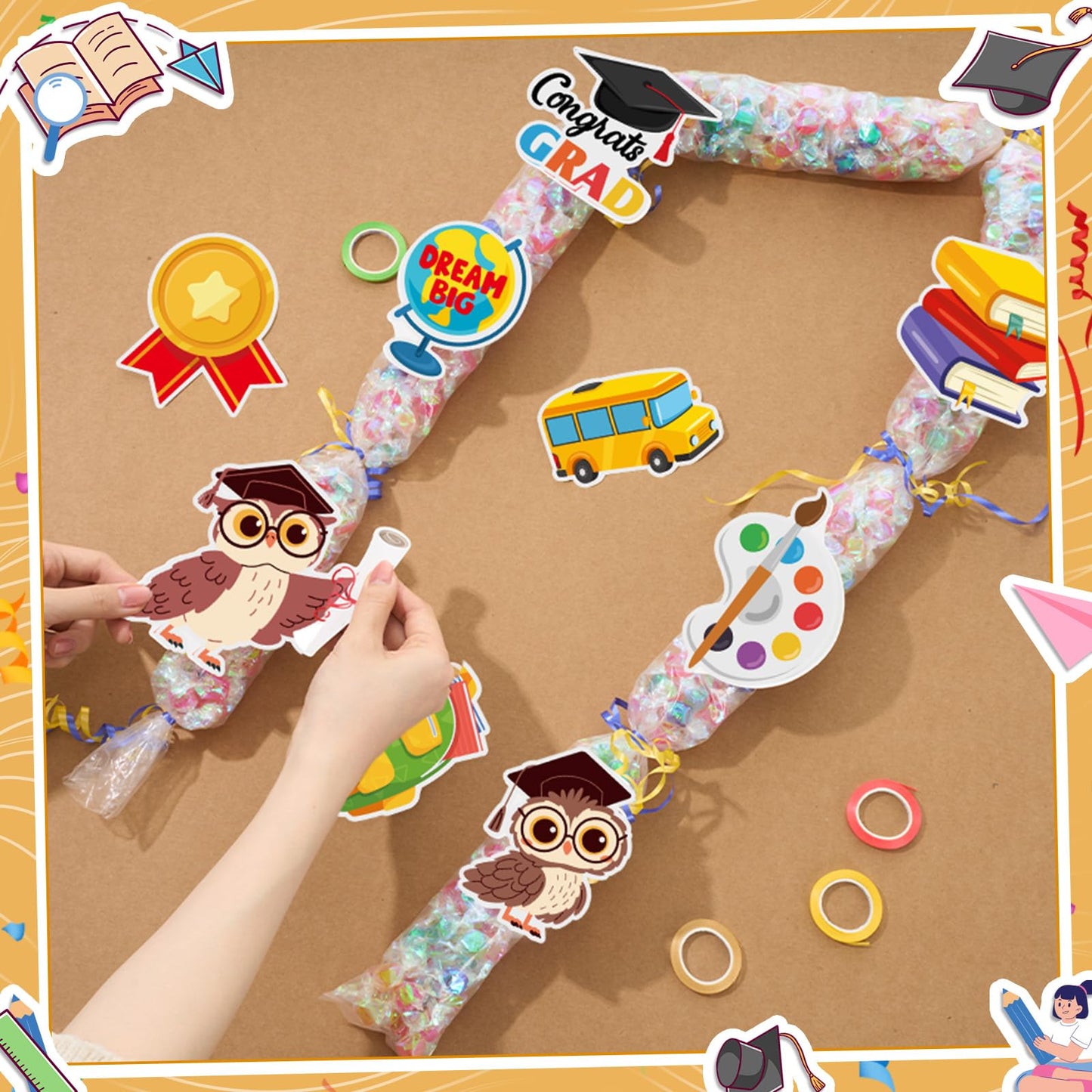 Spakon Graduation Candy Lei Making Kit, 2026 DIY Graduation Candy Lei Tubing with 4 PE Bags 4 Ribbon 11 Grad Cutouts for 2026 Grad Craft Supplies Snack Wrapping Birthday Party Favors(Owl)