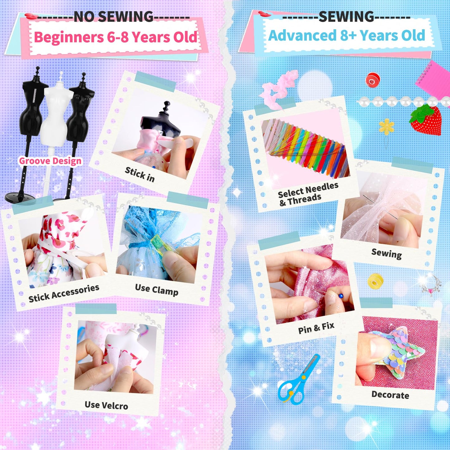1000+ PCS Fashion Designer Kits for Girls, Sewing Kit for Kids with 4 Mannequins, DIY Doll Clothes Dress Making Kit, Arts and Crafts Sewing Kit Birthday Gifts for Teen Girls Age 6 7 8 9 10 11 12+