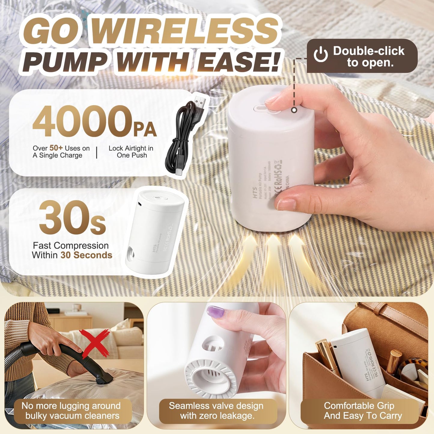 Vacuum Seal Bags for Clothing Travel with Rechargeable Electric Pump, Space Saver Vacuum Storage Bags Travel, Reusable Compression Bags for Luggage Home (14pcs Stripes)