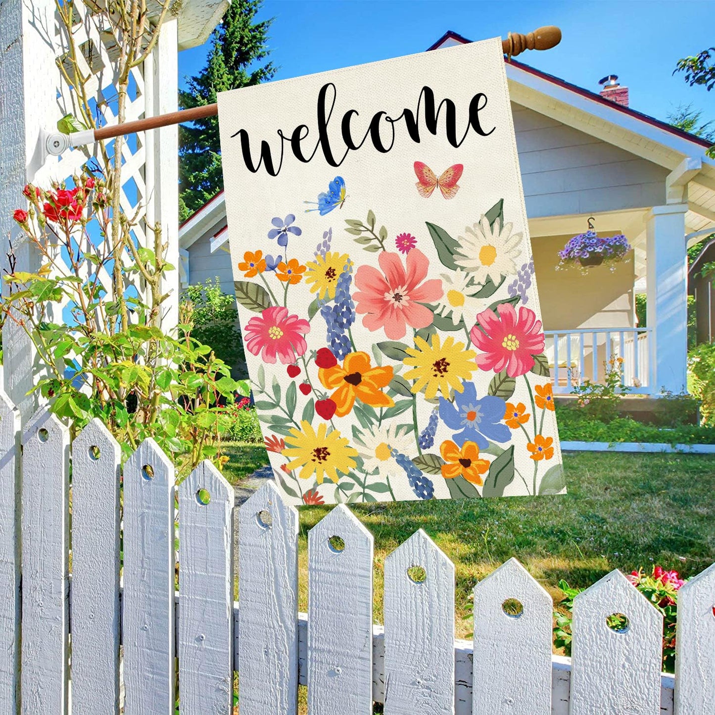 Baccessor Spring Summer Welcome House Flag Double Sided 28x40 Inch Burlap,Floral Butterflies Large Garden Flag Porch Patio Front Entry Yard Seasonal Farmhouse Outside Outdoor Decor