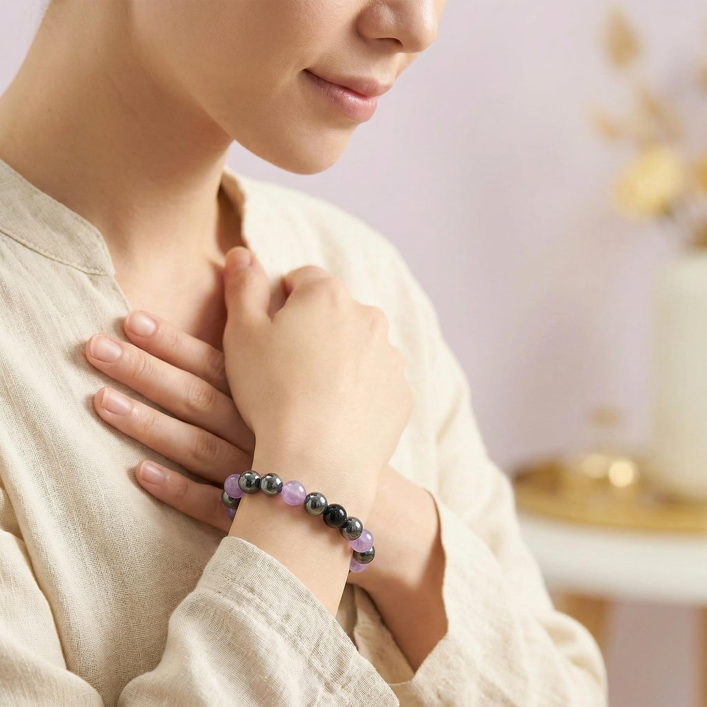 Bivei Empath Bracelet, Strength Crystal Healing Bracelet 8MM with Hematite & Amethyst & Black Tourmaline - Spiritual Stretch Beaded Jewelry for Women Men Gift