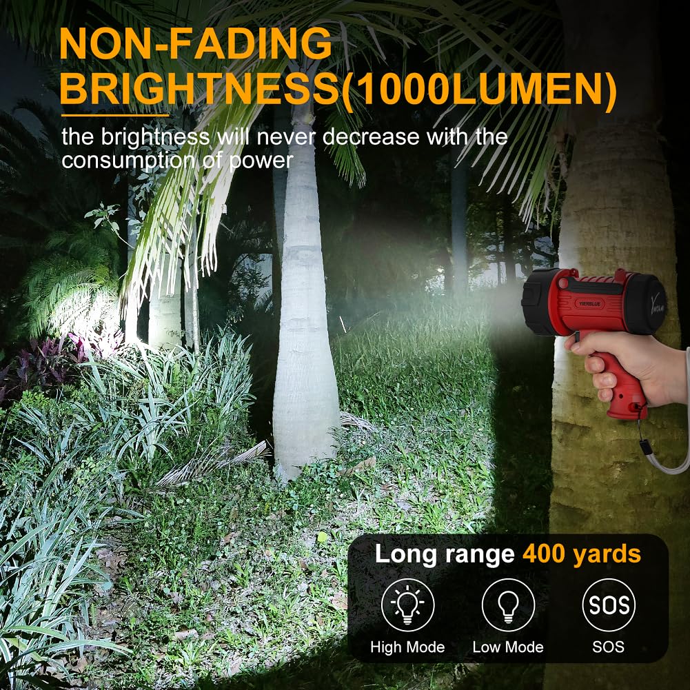 YIERBLUE Rechargeable Spotlight Flashlight with 2000,000 High Lumen LED, IP67 Waterproof Long Running Spot Light searchlight, Impact Resistant Handheld Spotlight with Foldable Stand and Red Lens
