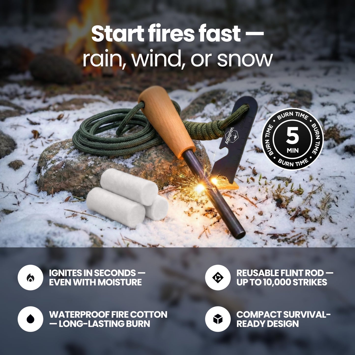 Wallaby Fire Starter Kit - 33 Waterproof Plugs in Metal Tin + Flint Rod Striker Multi-Tool, Pocket Survival Guide, Airtight Mylar Storage Bag – Camping, Emergency, Grill, Fire Pit
