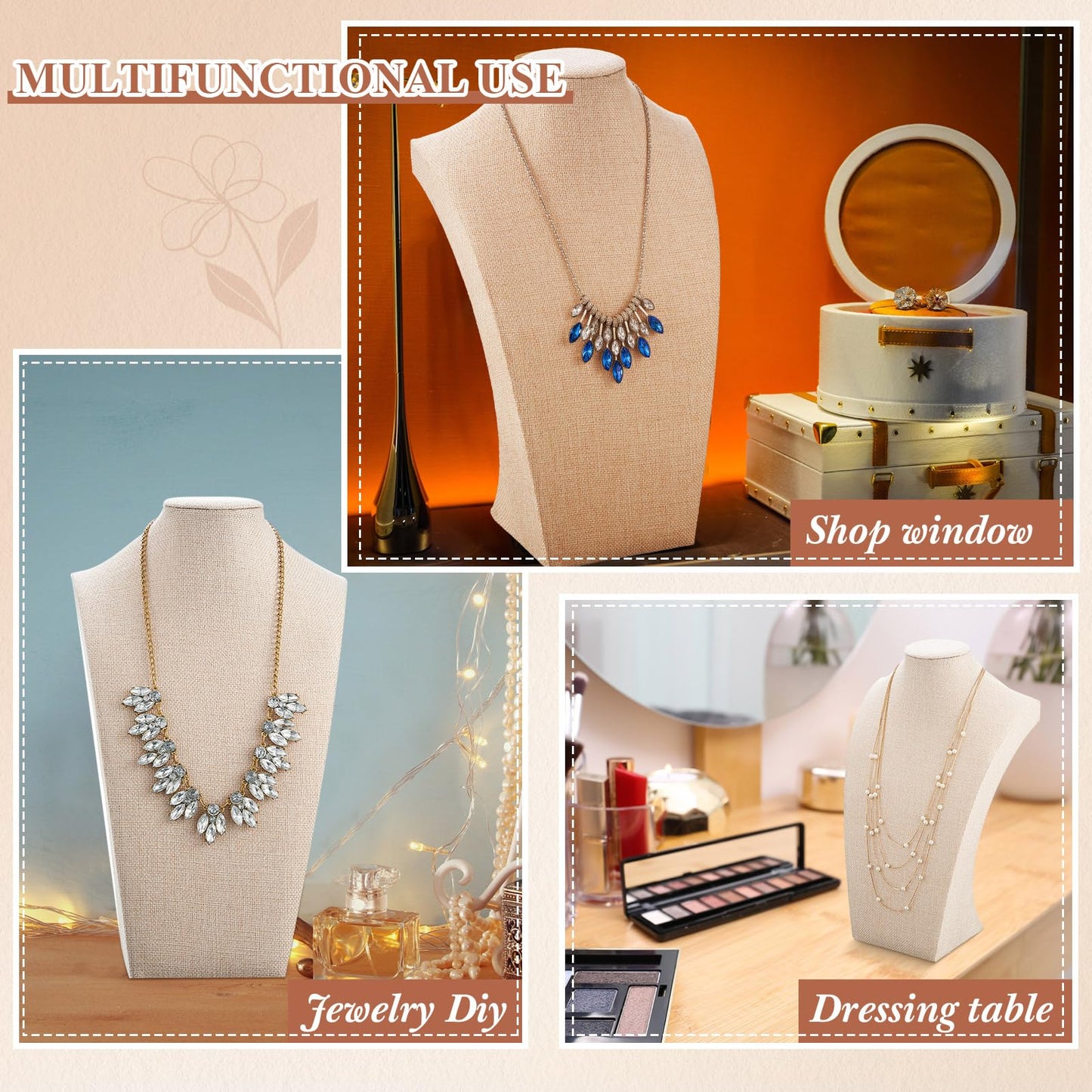 Kigley 3 Pcs Linen Jewelry Display Bust Necklace Display Stand Necklace Mannequin Holder for Jewelry Selling Trade Shows(Beige,13.4 x 8.1 Inch)