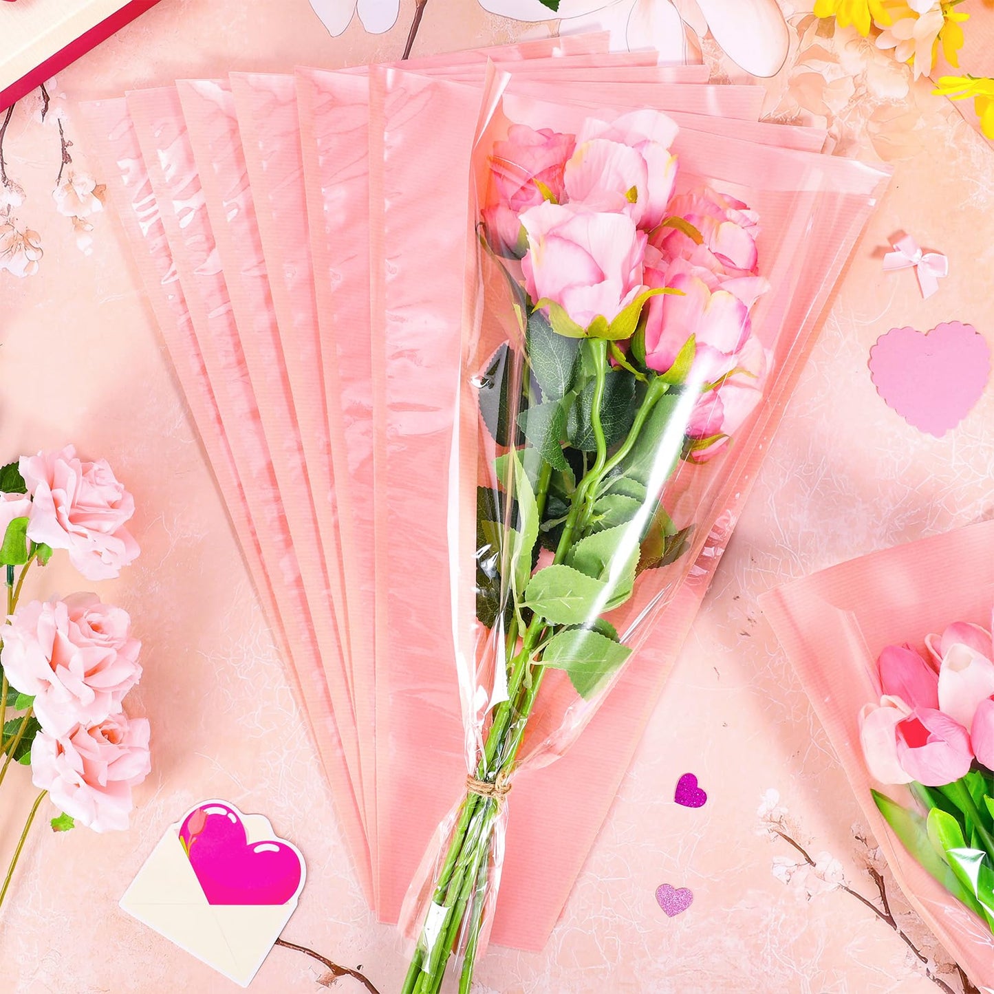 Whaline 50 Pcs Pink Flower Wrapping Bags Clear Kraft Flower Bag for Bouquets Large Floral Wrapping Sleeves for Graduation Wedding Valentine Mother's Day Birthday Florist Supplies, 17.9 x 9.8 x 3.9Inch