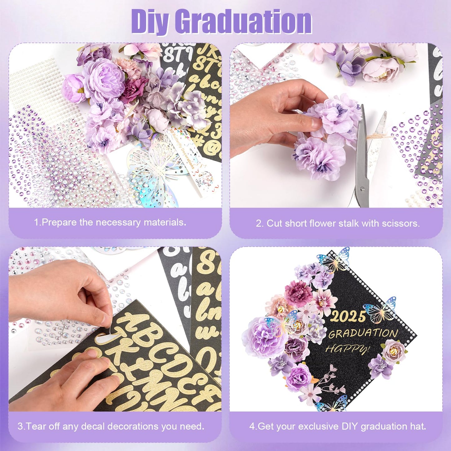 DIY Graduation Cap Decoration Kit, Purple Grad Cap Topper Supplies with Faux Flowers, 3D Butterflies, Rhinestones, Pearl Stickers, Alphabet Stickers and Glitter Paper for 2025 Graduation Party Decor