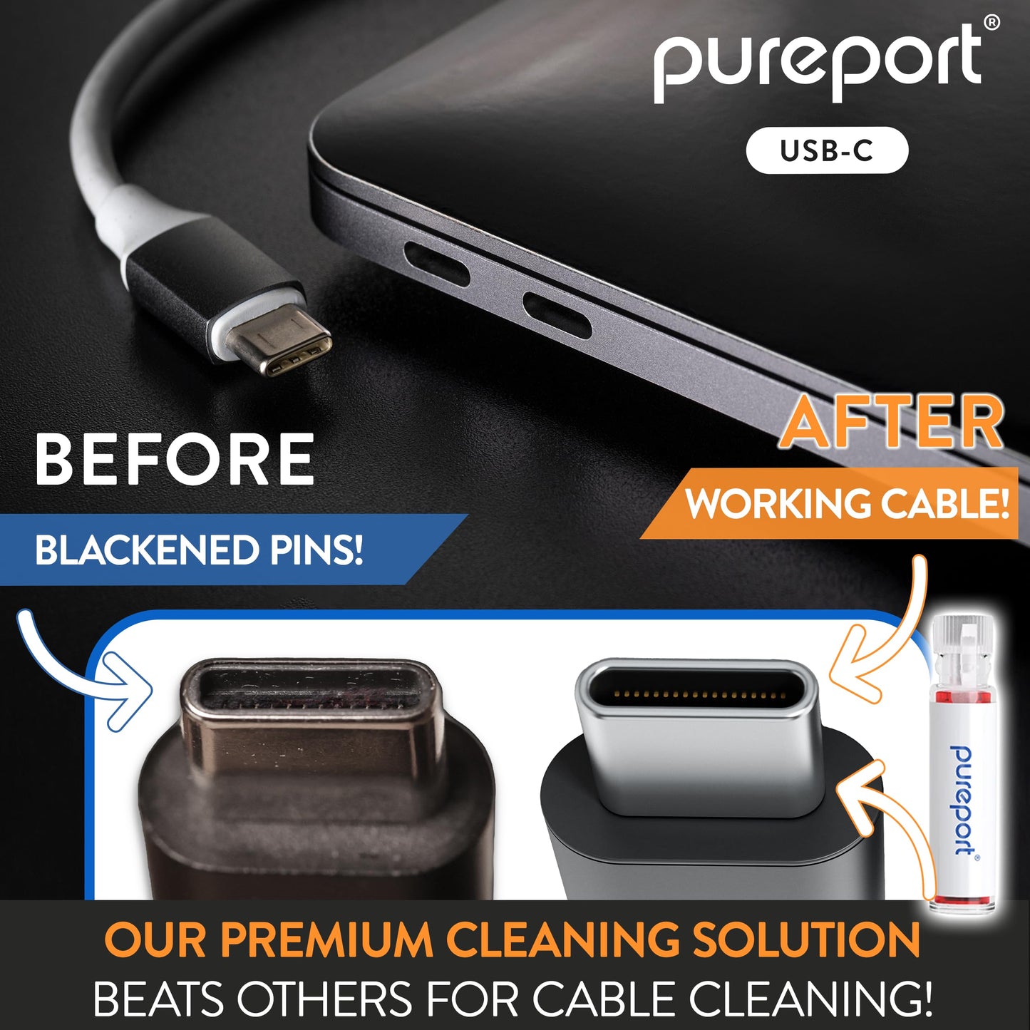 PurePort USB-C Multi-Tool Phone Cleaning Kit | Clean Repair & Restore Cell Phone Tablet & Laptop USB C Ports & Cables | Fix Unreliable & Bad Connections | Extend The Life of Your Tech Devices (Black)
