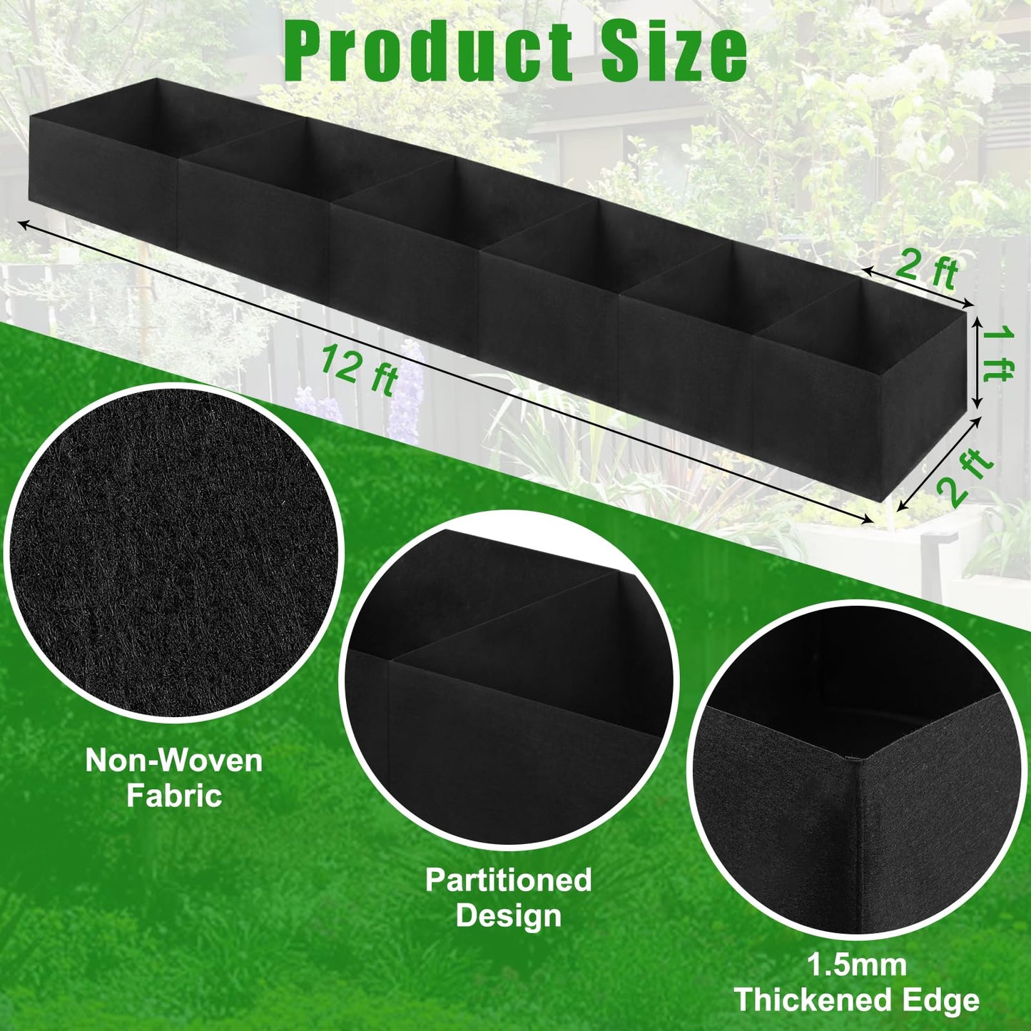 VZZNN 2Pack 12x2x1ft Fabric Raised Garden Bed - 6 Grids Plant Grow Bags, Outdoor Planter Box Non-Woven Fabric Patio Planting Bed Garden Grow Bed Bag for Growing Herbs, Flowers and Vegetables