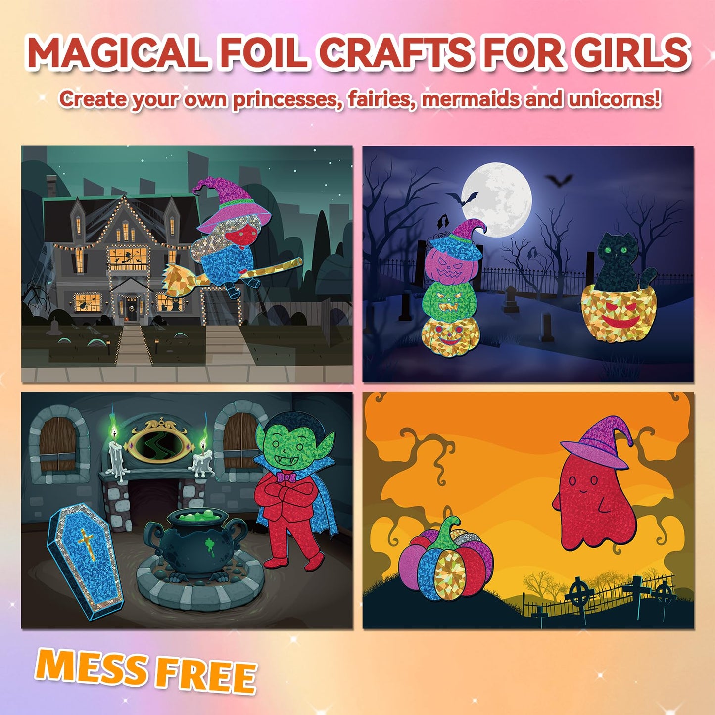 Halloween Crafts for Kids Foil Art No Mess Foil Craft Toy for Kids Ages 4 5 6 7 8 9 10, DIY Activity Kit with Spooky Ghosts, Pumpkins & Bats,Halloween Party Favors Toys & Games for Boys and Girls