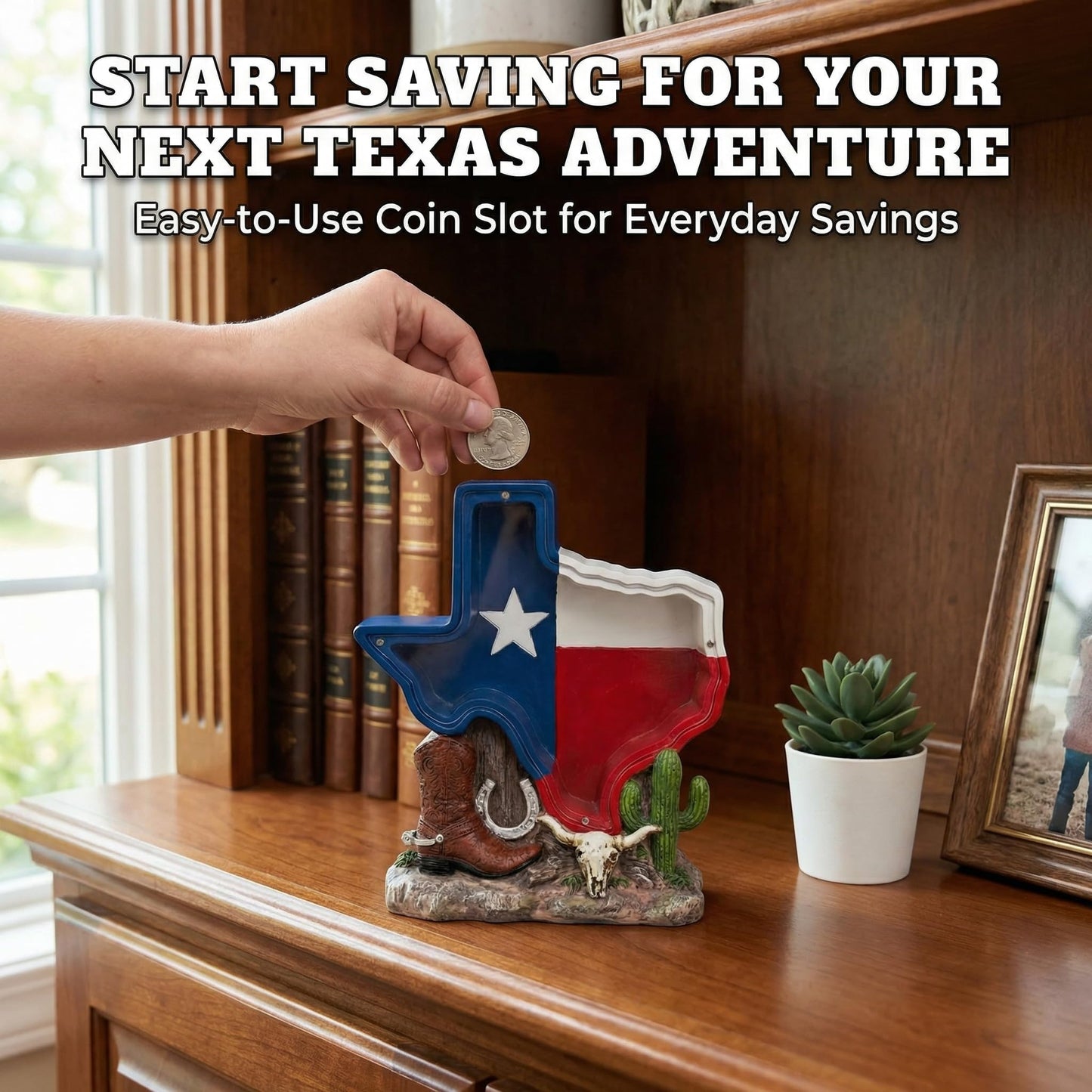 Texas Souvenir, Texas Piggy Bank - Texas State Design with Cowboy Boot, Horse Shoe & Cactus Western Decor for Desk & Home, Texas Gifts for Man or Woman.