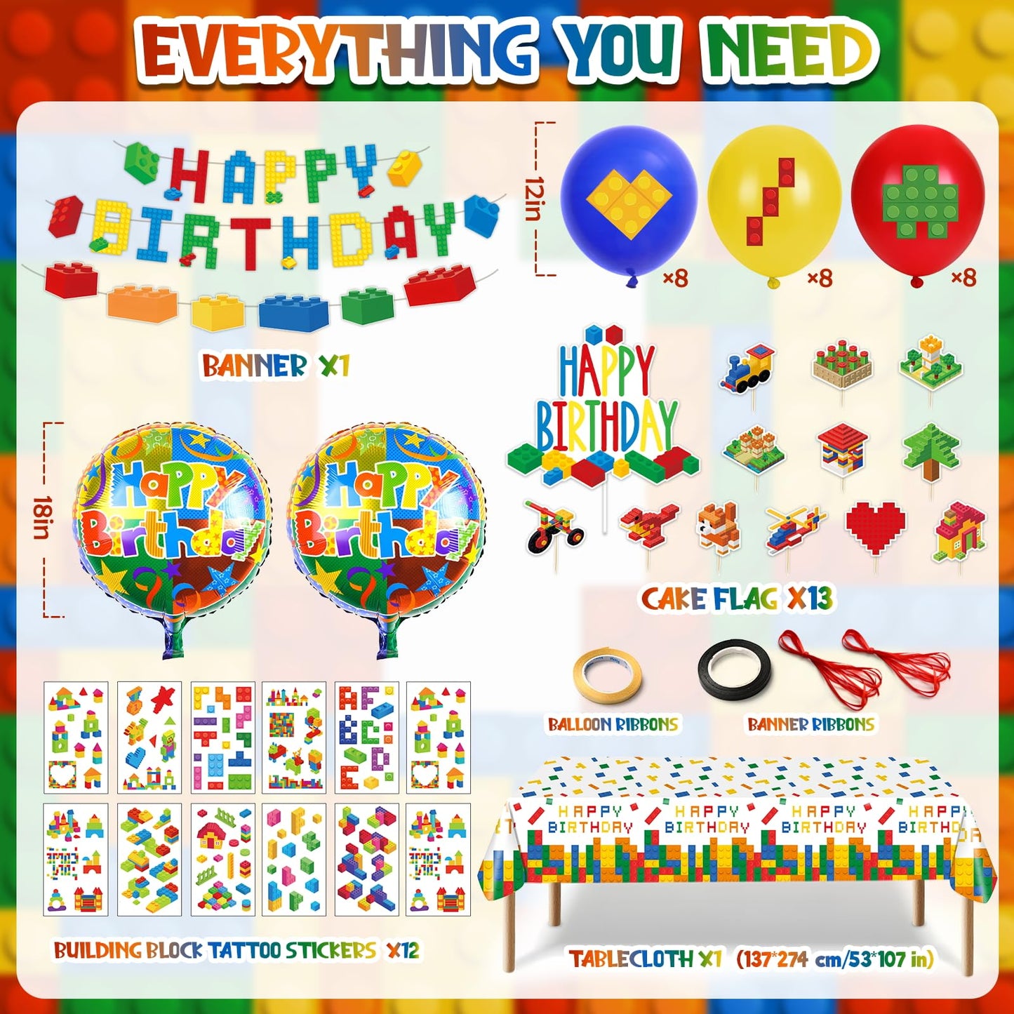 Building Block Birthday Party Decorations Supplies Kit - Balloons Tablecloth Banners Cake Toppers Foil Balloons Tattoo Stickers - Birthday Decorations for Kids Boys Girls Building-Themed Celebration