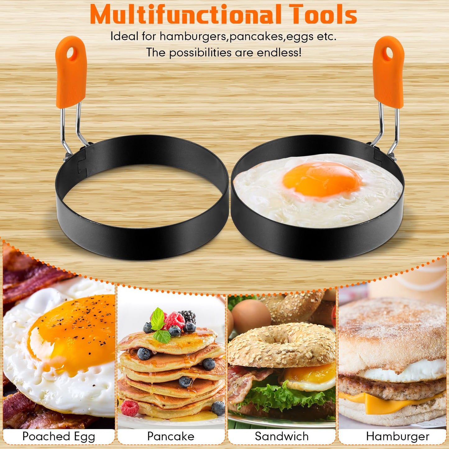 Patelai 6 Pcs Egg Ring Pancake Ring Set Stainless Steel Fried Egg Molds Griddle Pancake Shapers with Silicone Handle for Breakfast Omelette Sandwich(Square, Round,4 Inch, 6 Inch, 8 Inch)