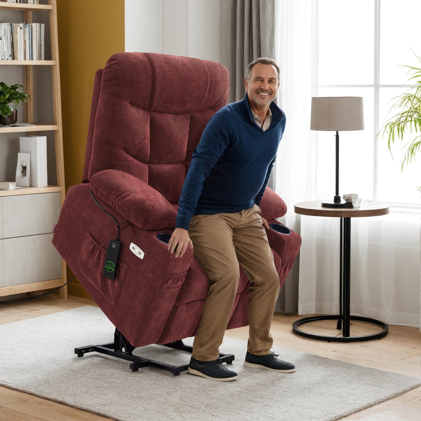 MCombo Power Lift Recliner Chair with Extended Footrest for Elderly People, Fabric 7287 (Burgundy, Medium)