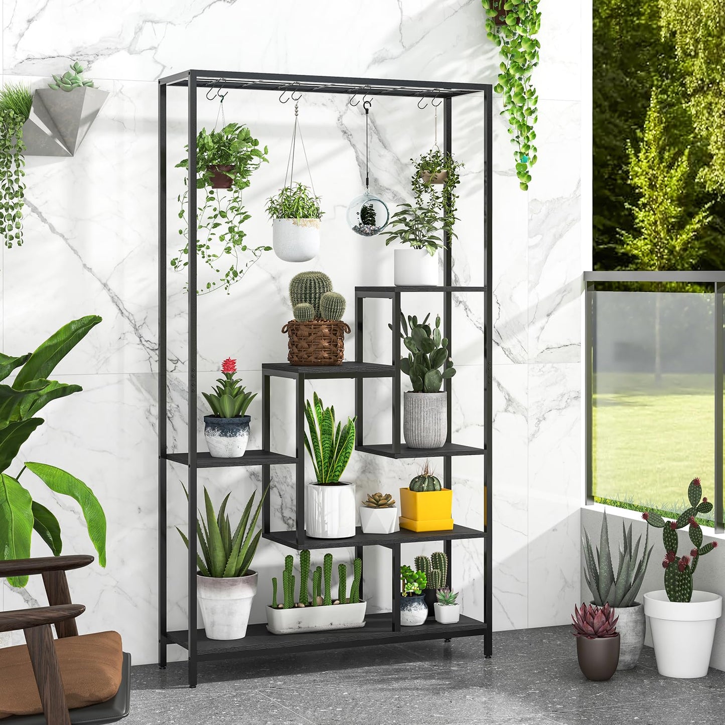 Giantex 71" Tall Plant Stand Indoor, 6-Tier Metal Plant Shelf with 10 Hanging Hooks, Multiple Potted Flower Bonsai Pots Display Rack for Indoor, Balcony, Living Room (Black)