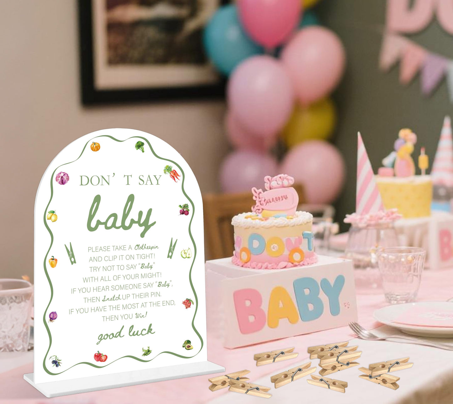 Baby Shower Games - Locally Grown Don't Say Baby Clothespin Game, 1 Sign and 50 Mini Clothespins, Gender Reveal Game, Farmers Market Baby Shower Decoration Supplies (ARI07)